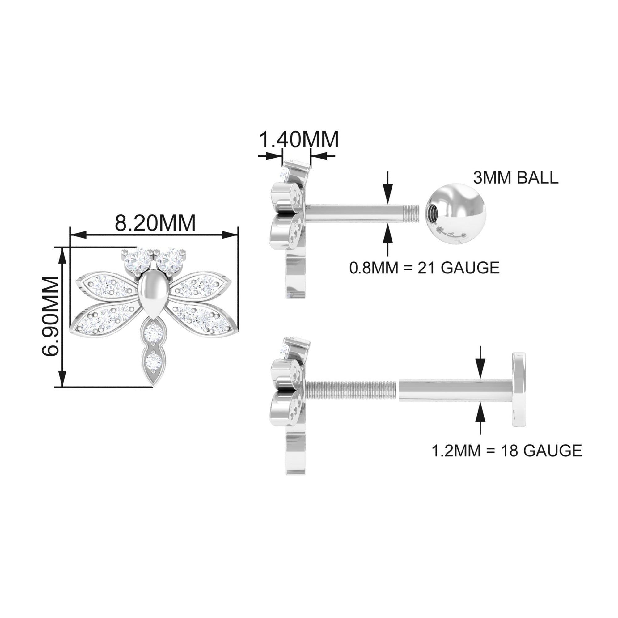 Diamond Dragon Fly Earring for Helix Piercing