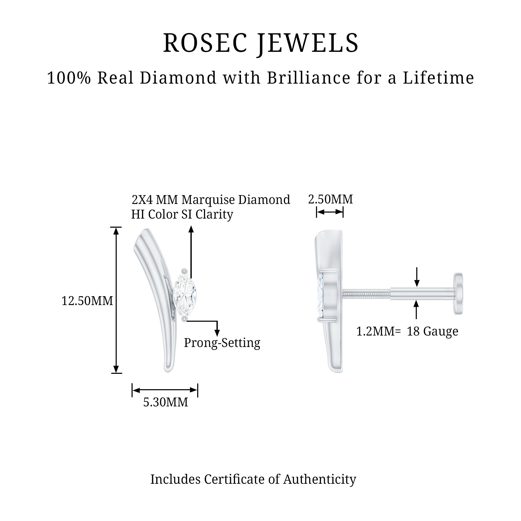 Marquise Cut Diamond Solitaire Earring for Tragus Piercing