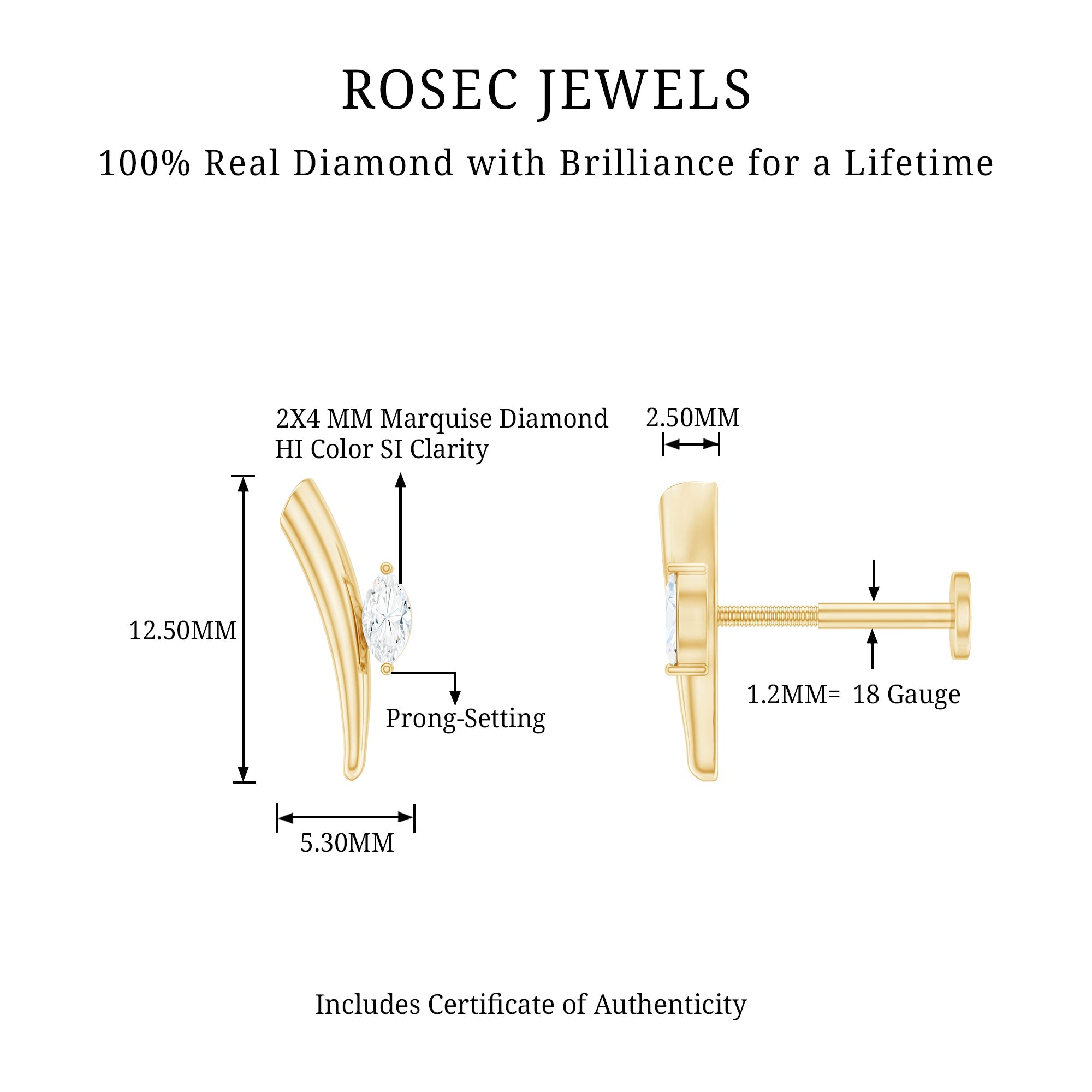 Marquise Cut Diamond Solitaire Earring for Tragus Piercing