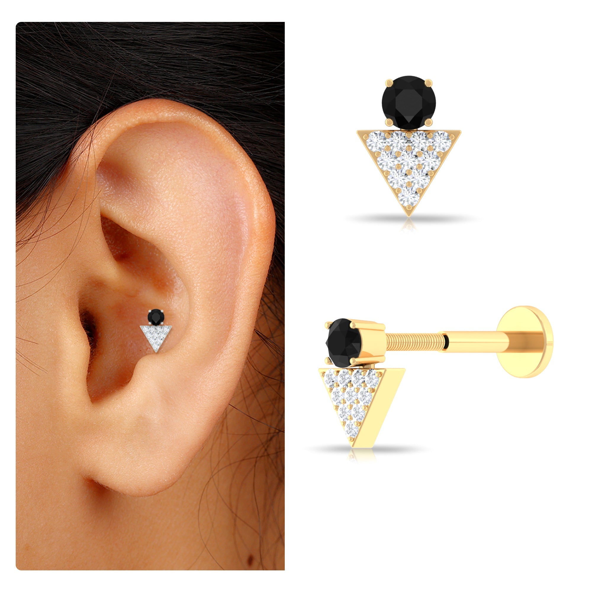 Black Onyx and Diamond Triangle Cartilage Earring