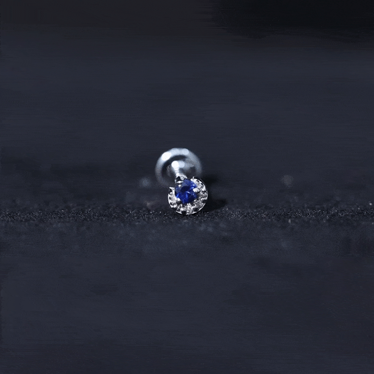 Dainty Blue Sapphire and Diamond Moon Helix Earring