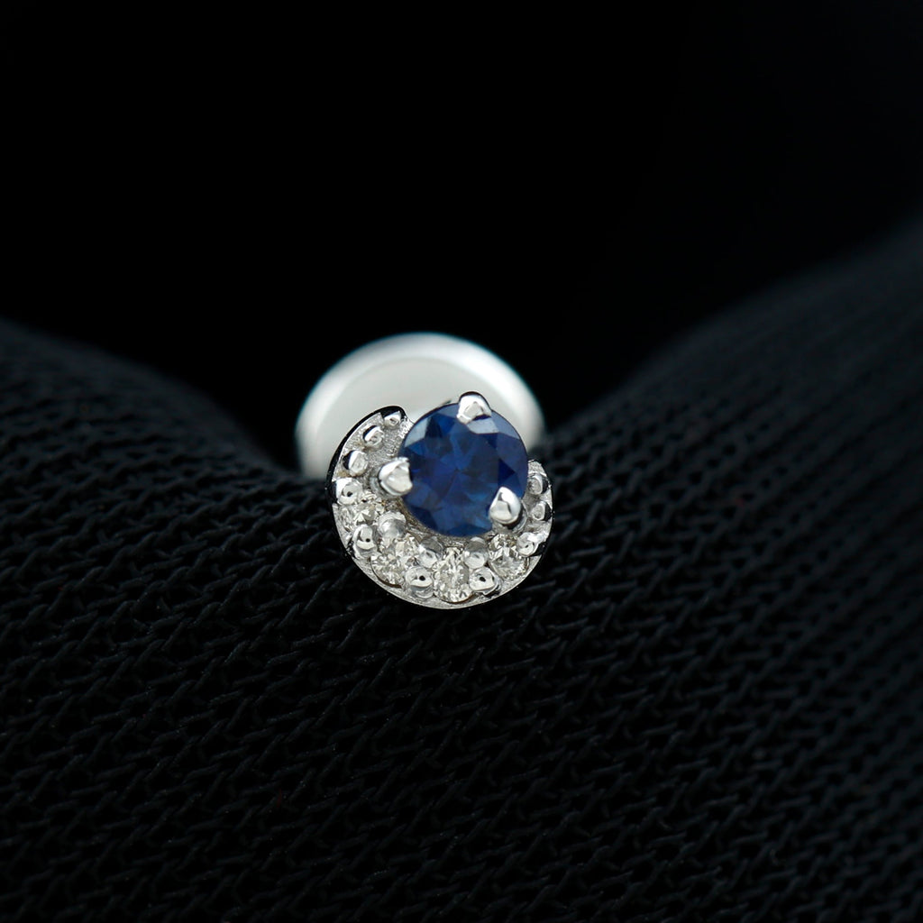 Dainty Blue Sapphire and Diamond Moon Helix Earring