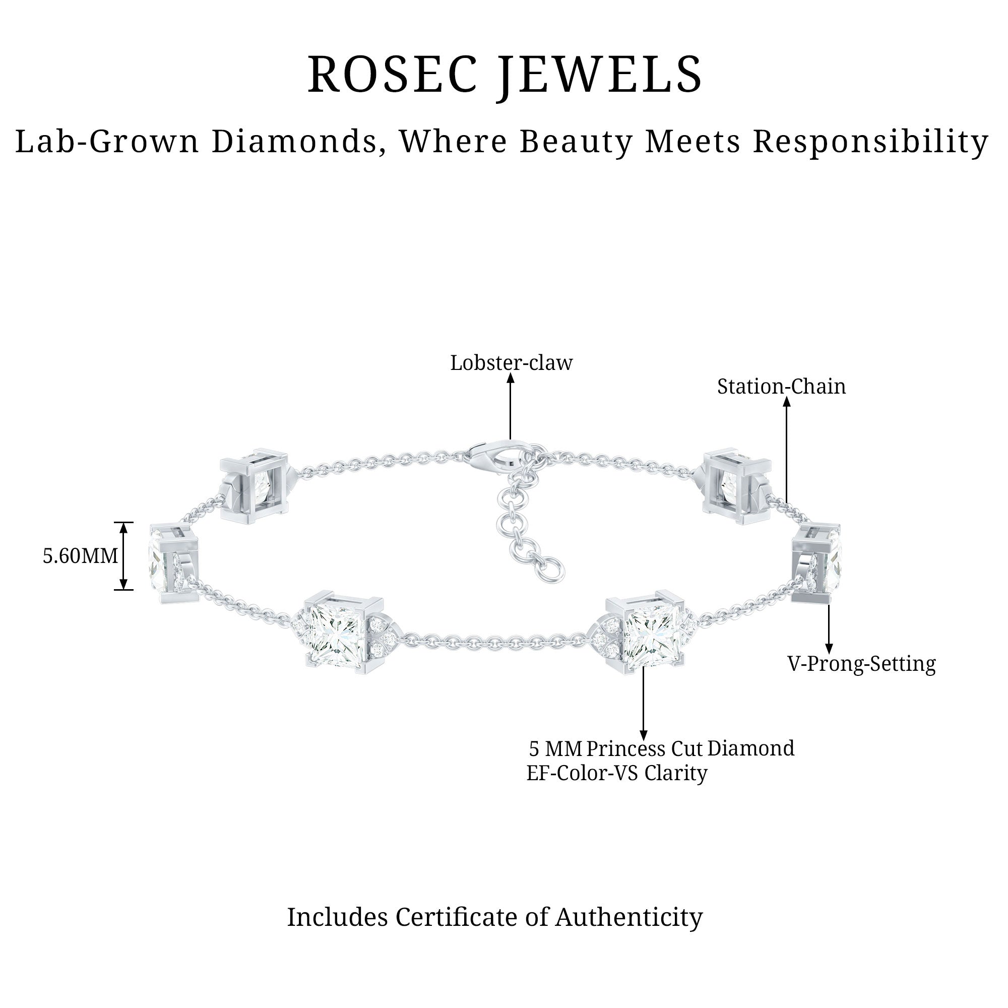 Princess Cut Lab Grown Diamond Station Chain Bracelet