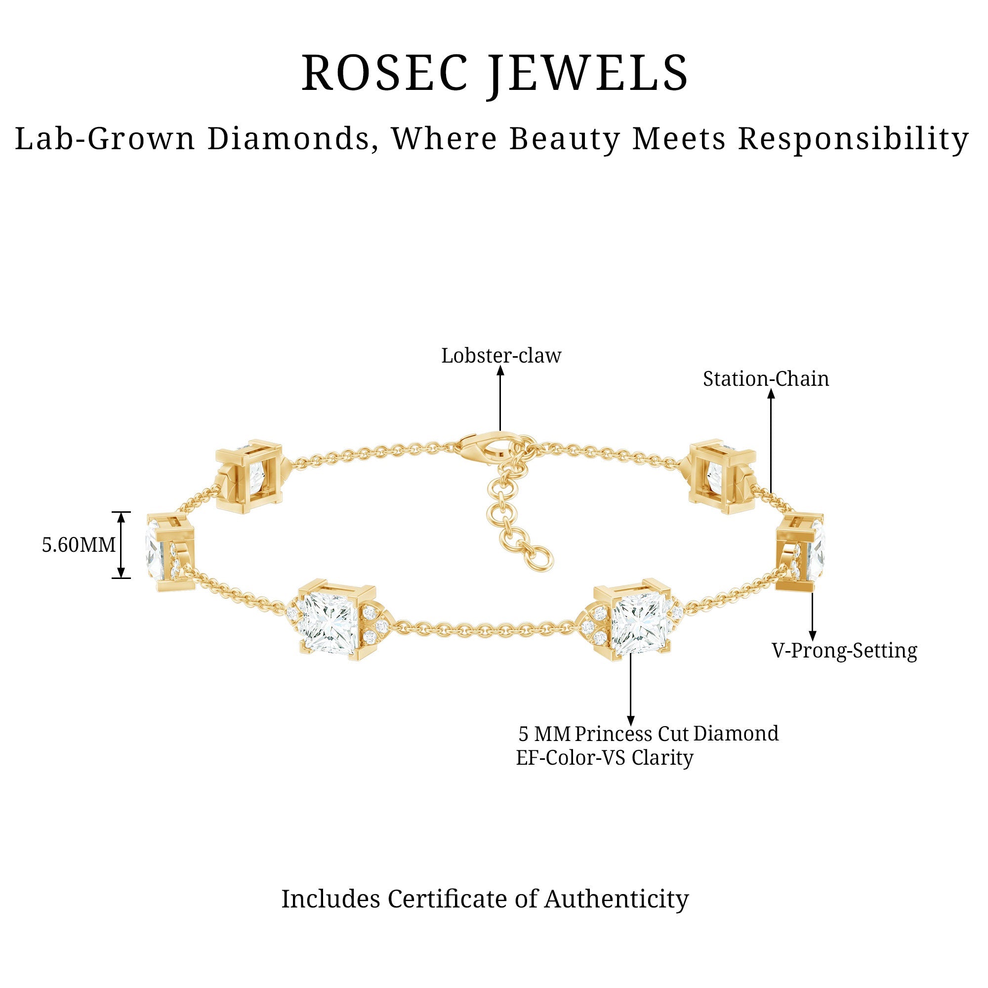 Princess Cut Lab Grown Diamond Station Chain Bracelet