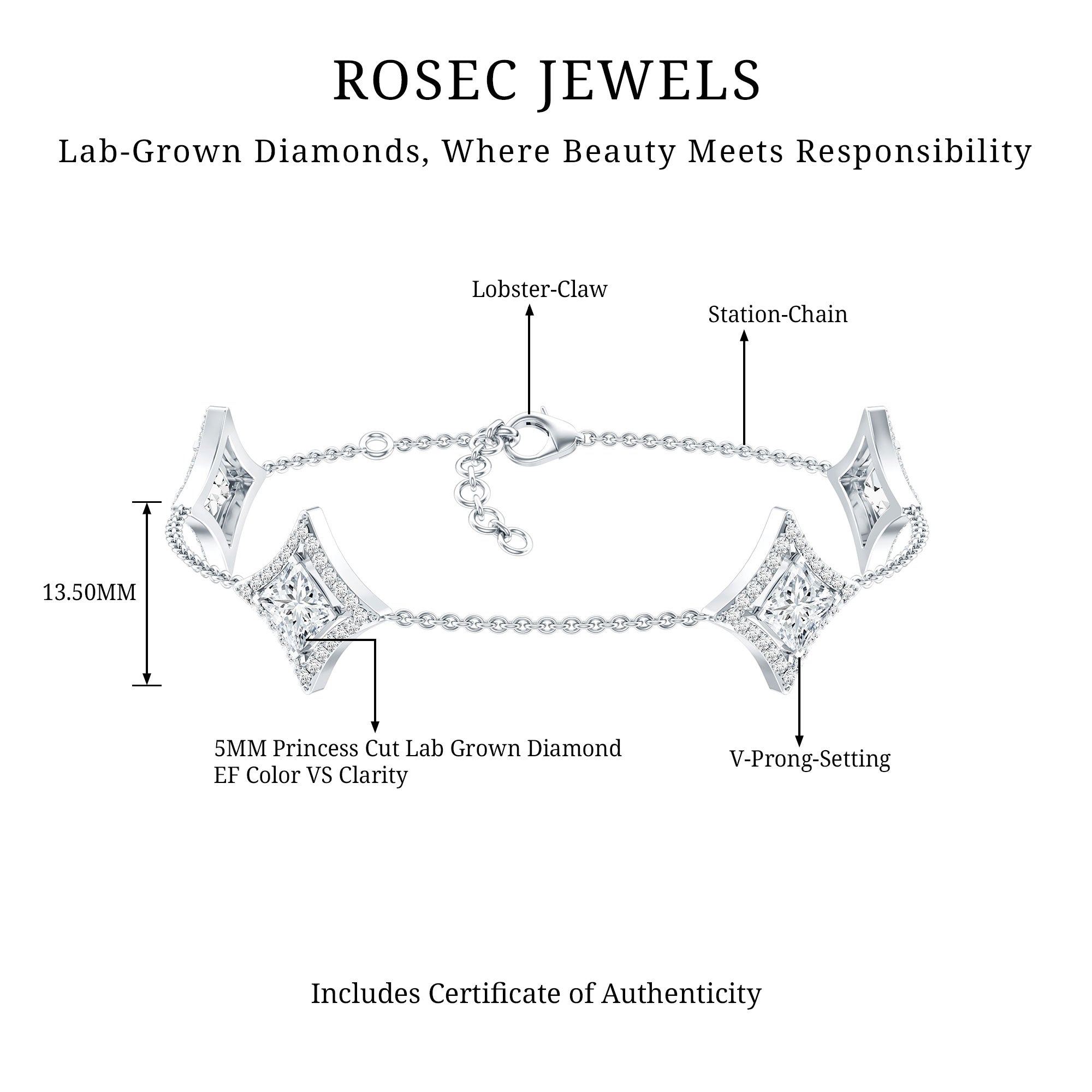 Certified Princess Cut Lab Grown Diamond Bridal Bracelet