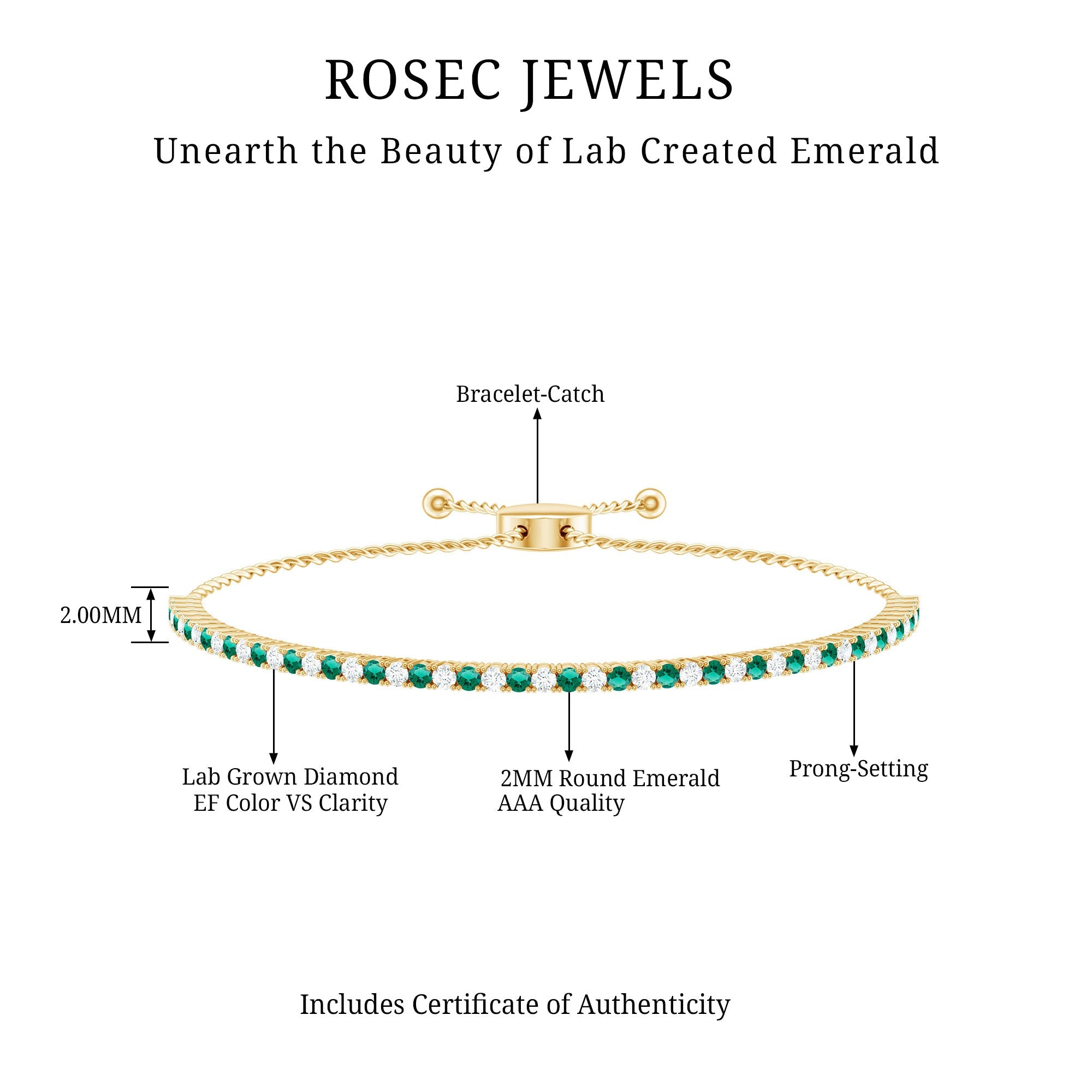 Certified Lab Grown Diamond and Emerald Bolo Bracelet For Wedding
