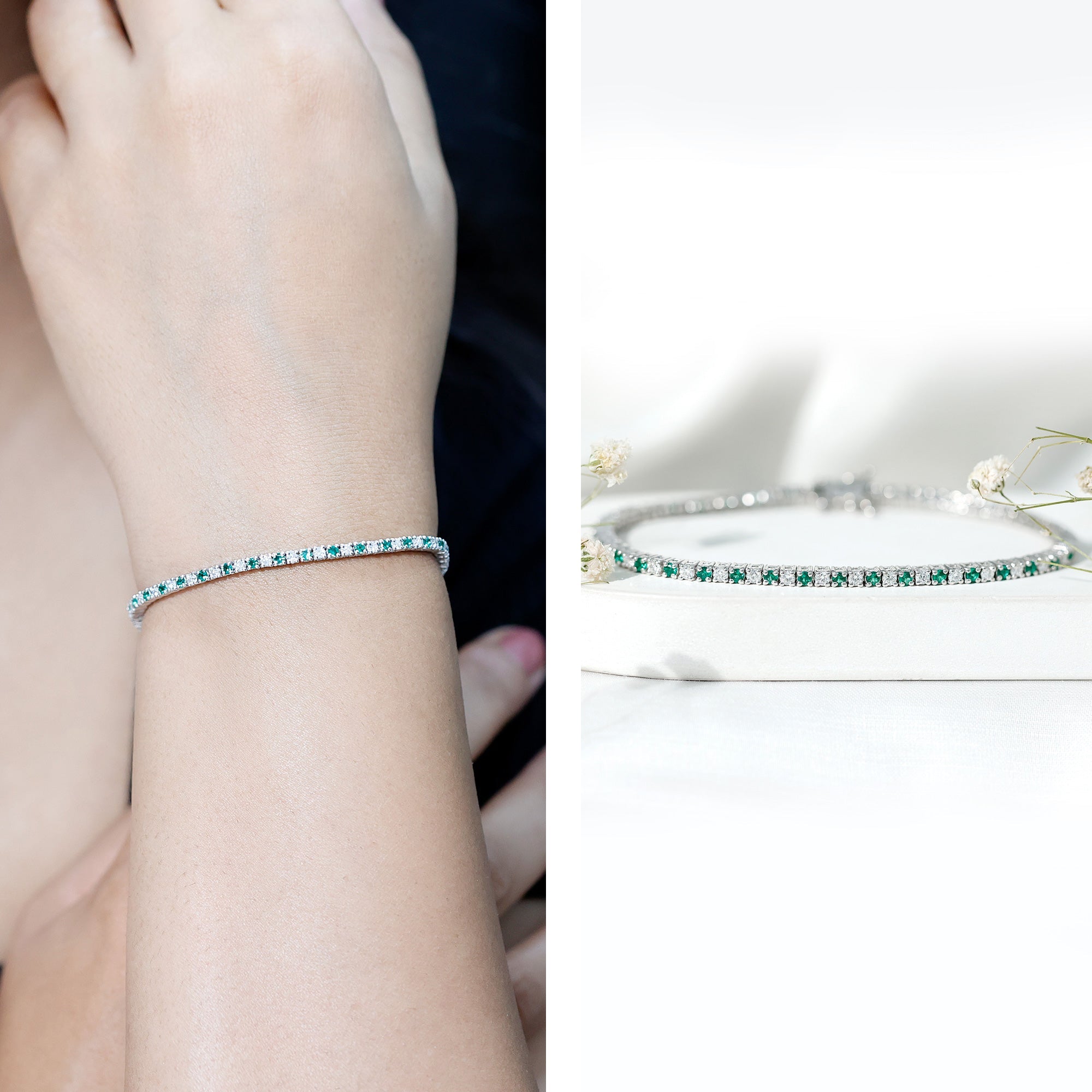 Certified Lab Grown Diamond and Emerald Wedding Tennis Bracelet