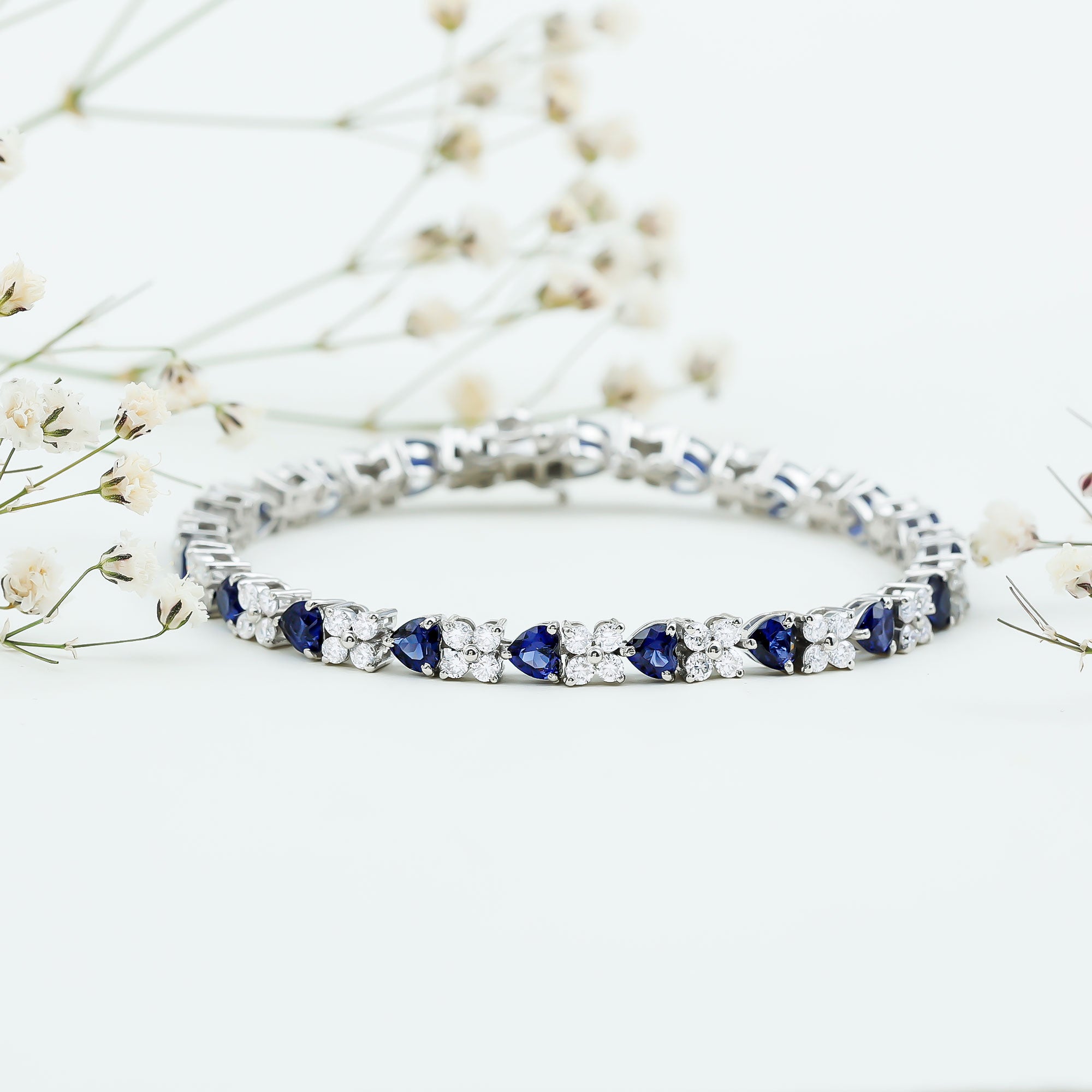 Heart Shape Lab Grown Blue Sapphire and Diamond Tennis Bracelet