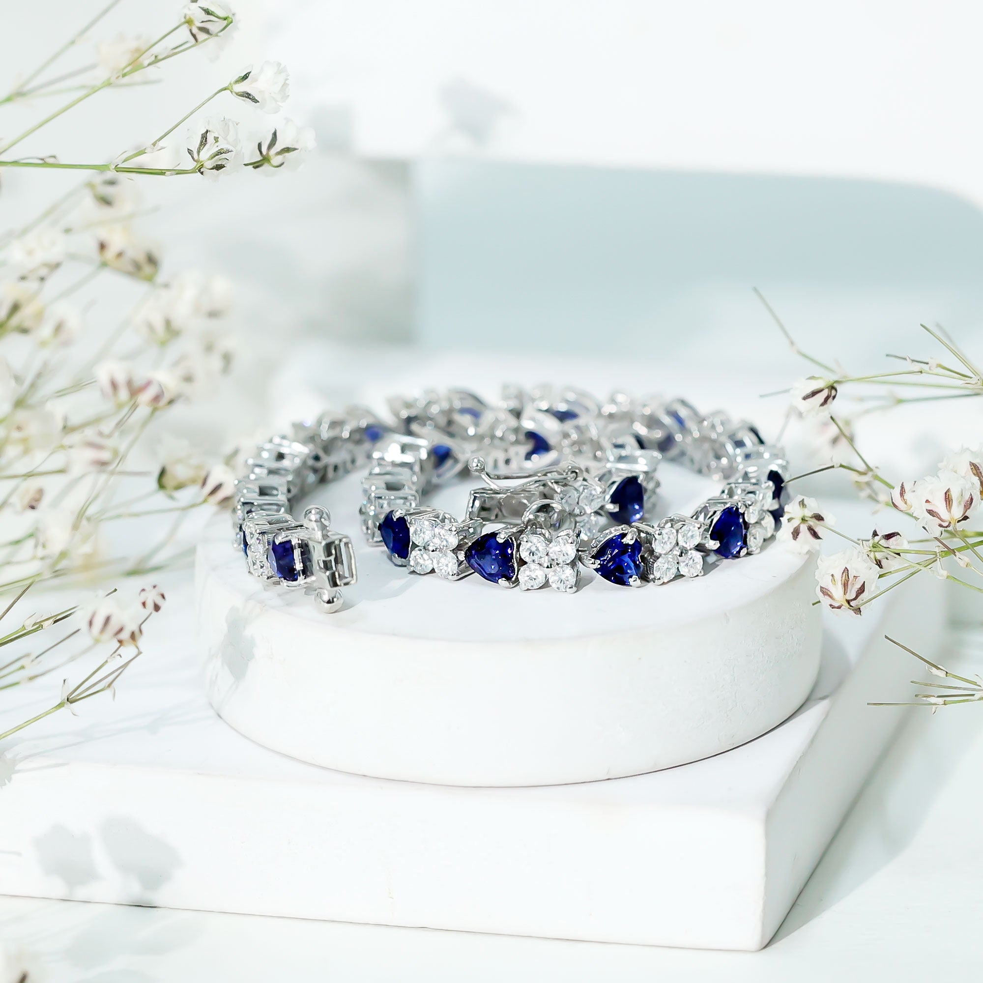 Heart Shape Lab Grown Blue Sapphire and Diamond Tennis Bracelet