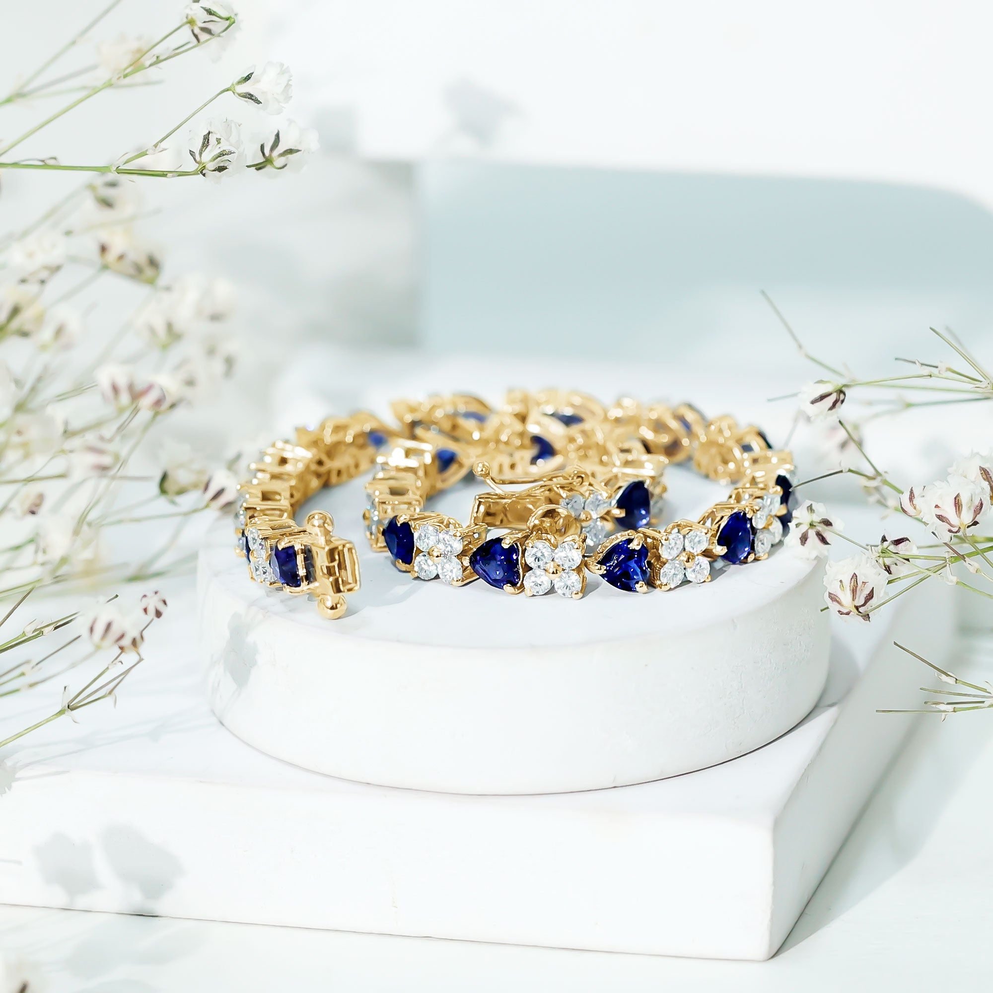 Heart Shape Lab Grown Blue Sapphire and Diamond Tennis Bracelet