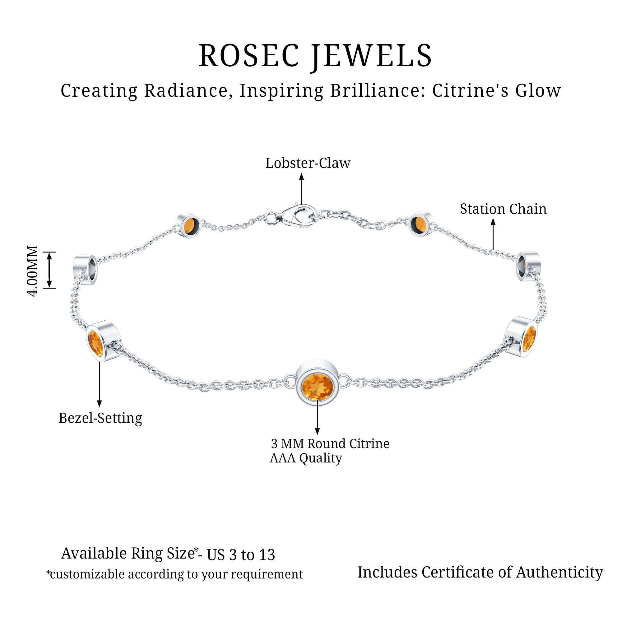 Natural Citrine 7 Stone Station Chain Bracelet for Women