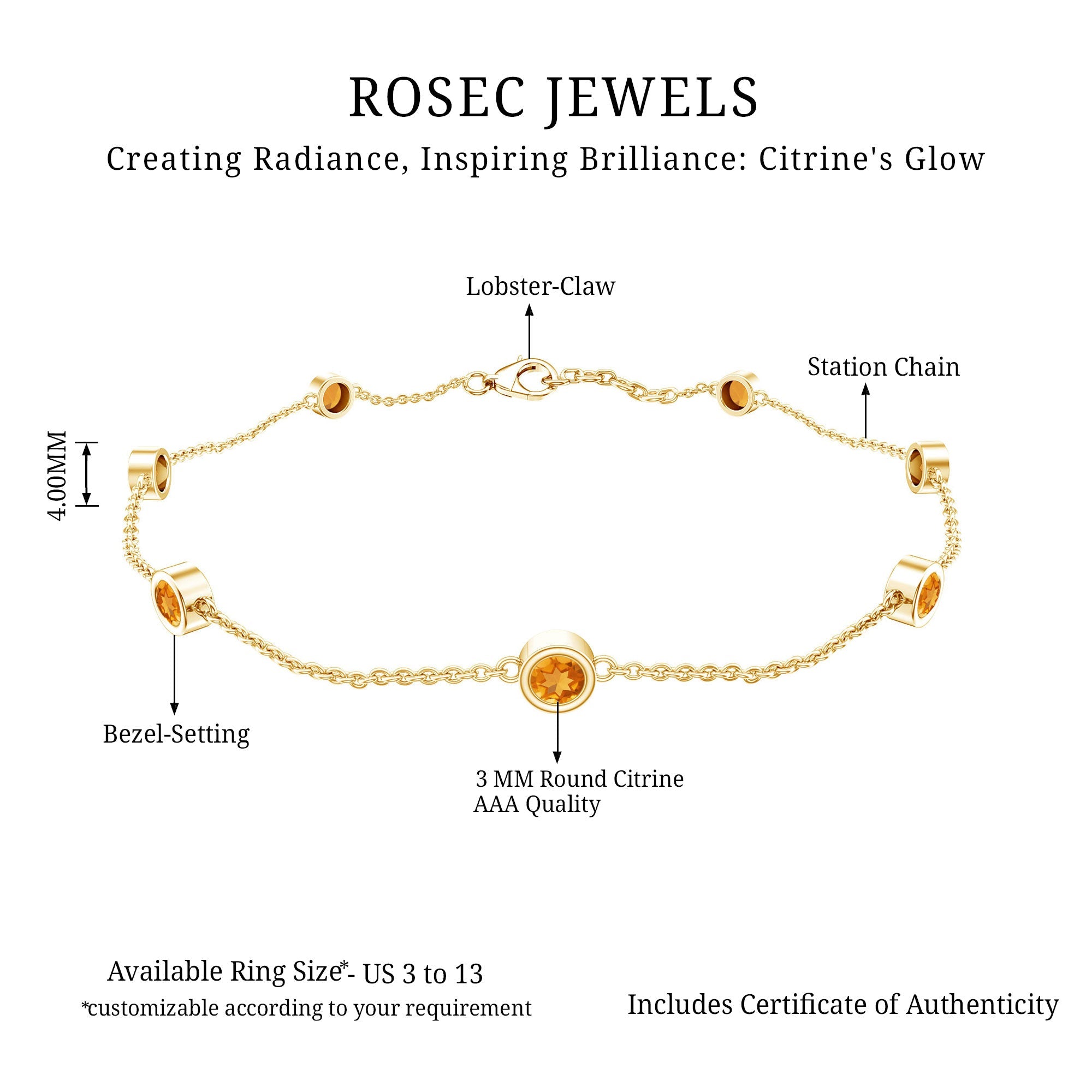 Natural Citrine 7 Stone Station Chain Bracelet for Women