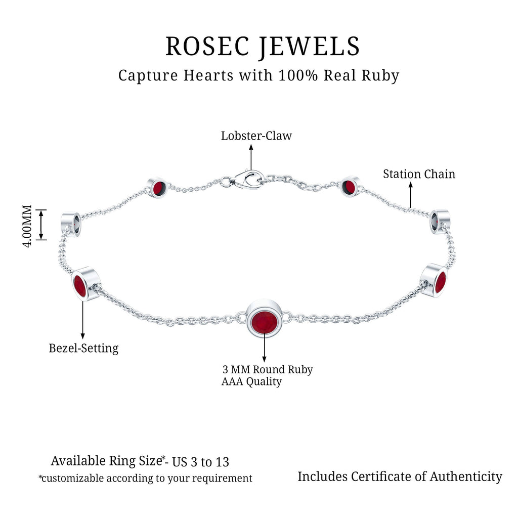 Natural Ruby 7 Stone Station Chain Bracelet for Women