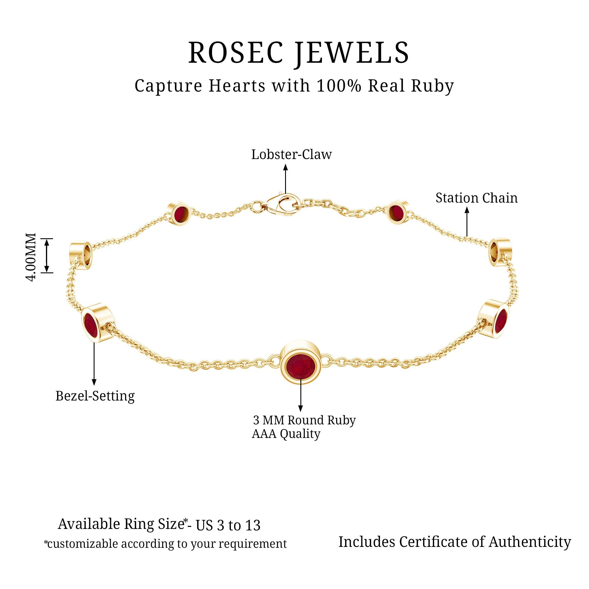 Natural Ruby 7 Stone Station Chain Bracelet for Women