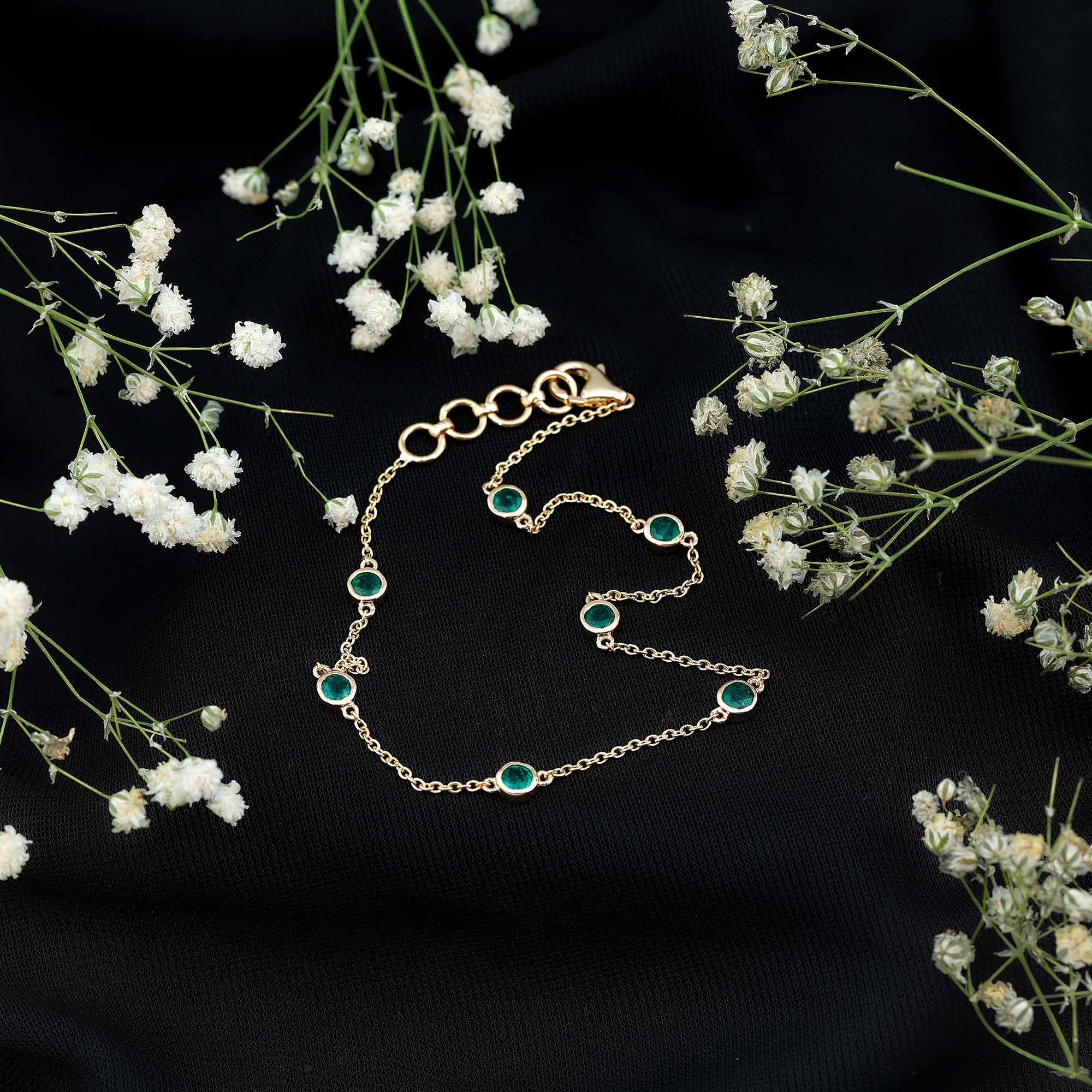 Bezel Set Emerald Station Chain Bracelet for Her