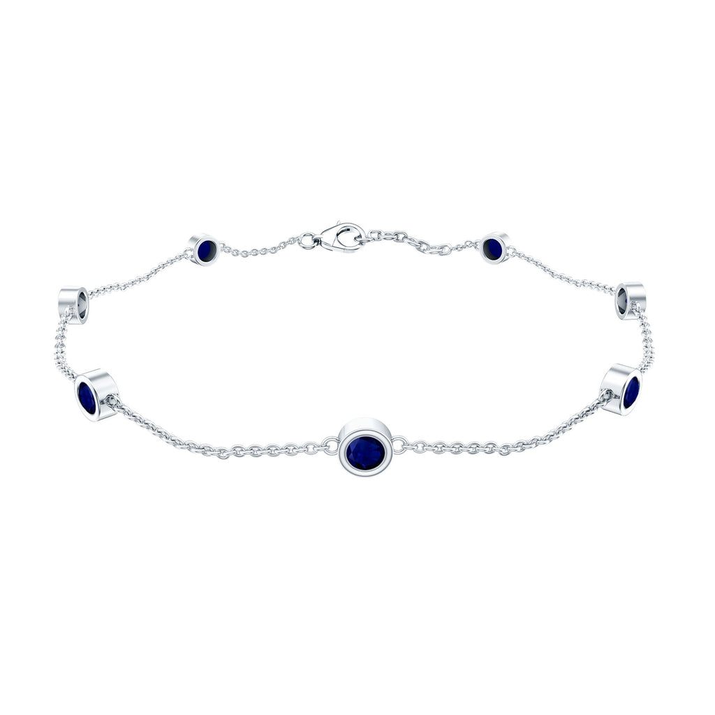 Natural Blue Sapphire 7 Stone Station Chain Bracelet