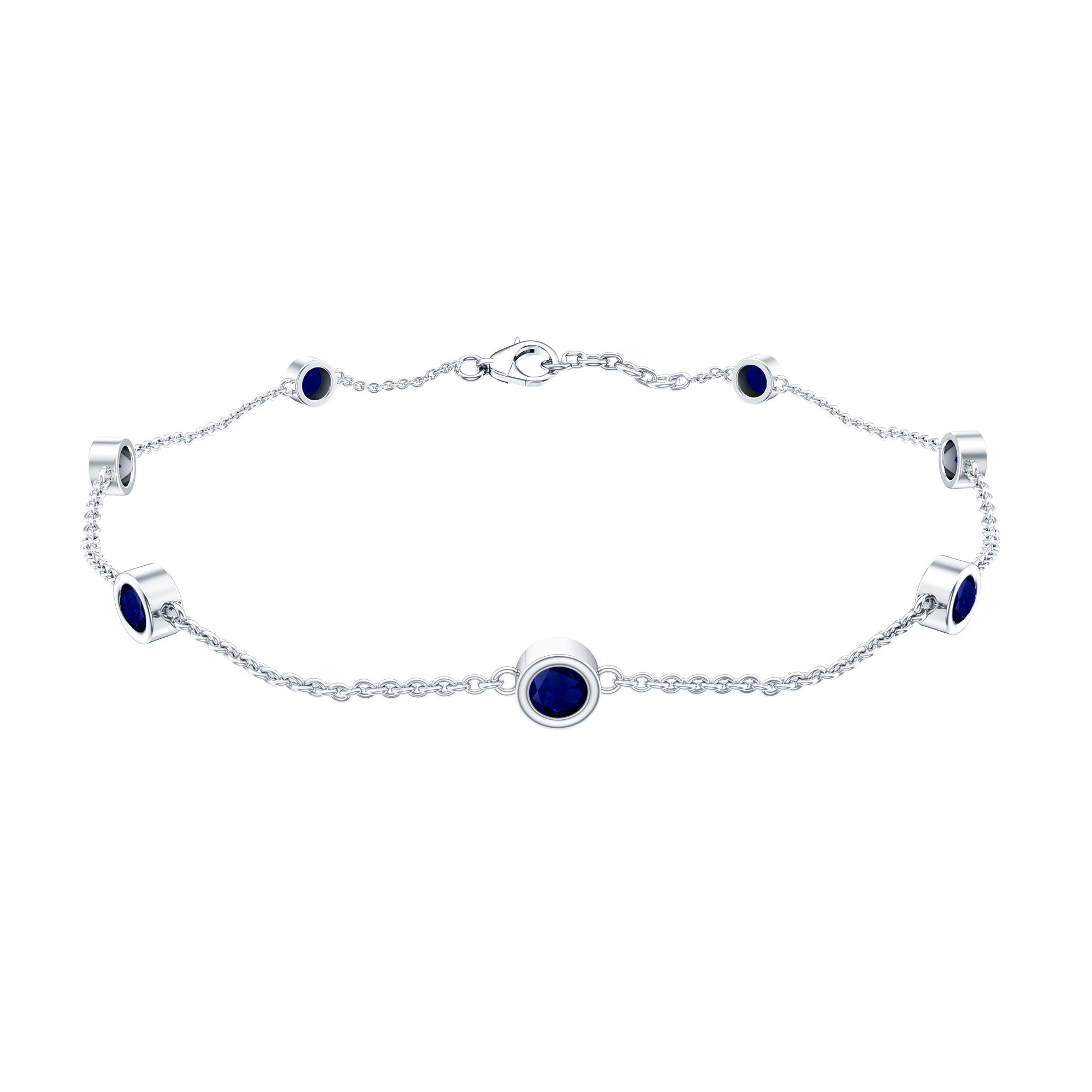 Natural Blue Sapphire 7 Stone Station Chain Bracelet