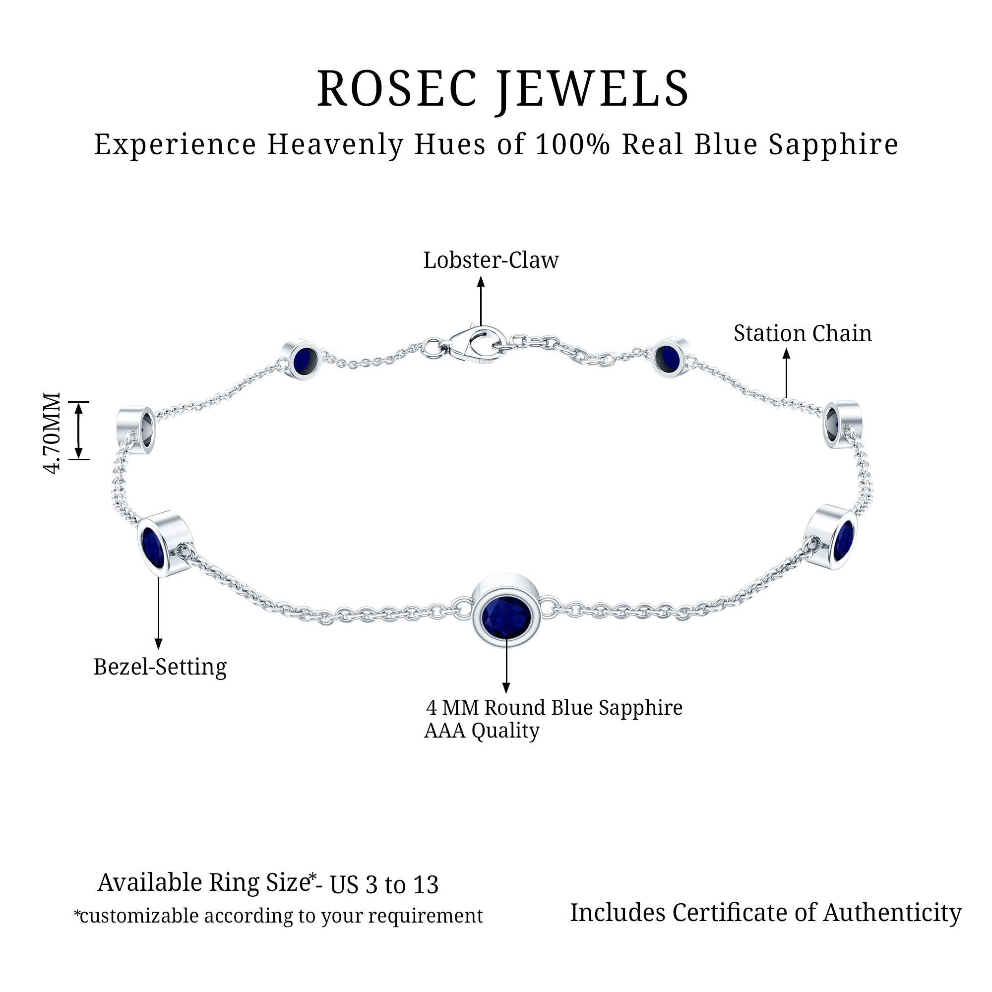 Natural Blue Sapphire 7 Stone Station Chain Bracelet