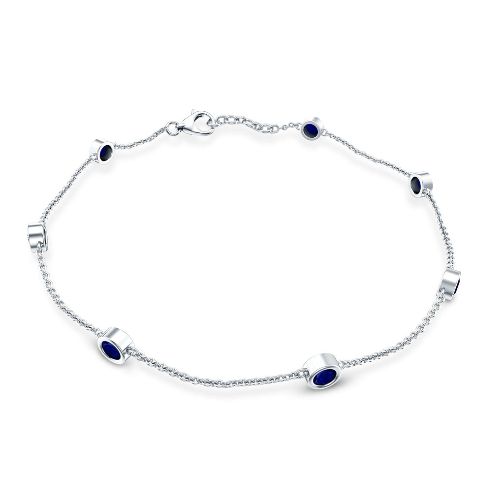 Natural Blue Sapphire 7 Stone Station Chain Bracelet