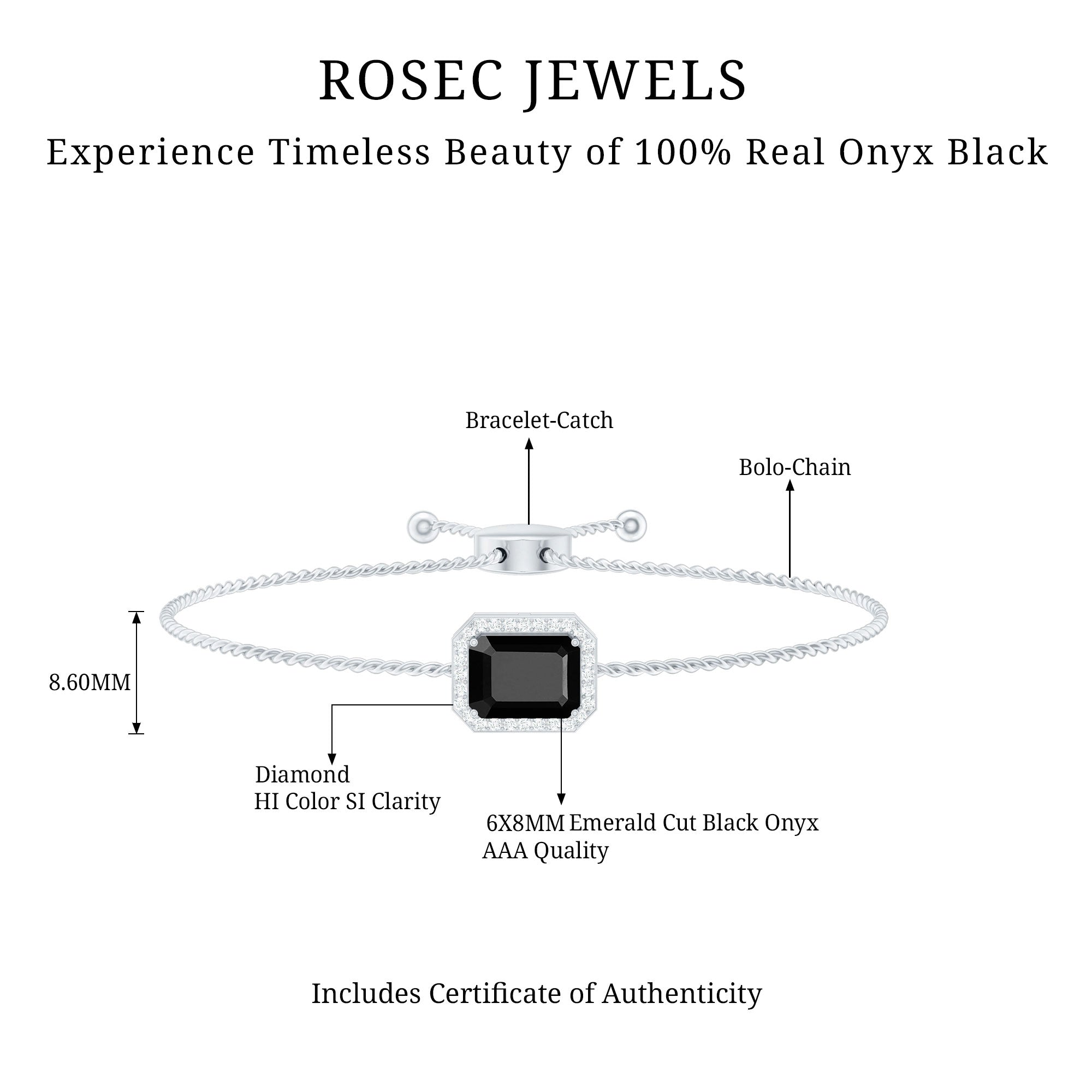 Natural 1.8 Carat Emerald Cut Black Onyx Bolo Bracelet with Diamond Halo