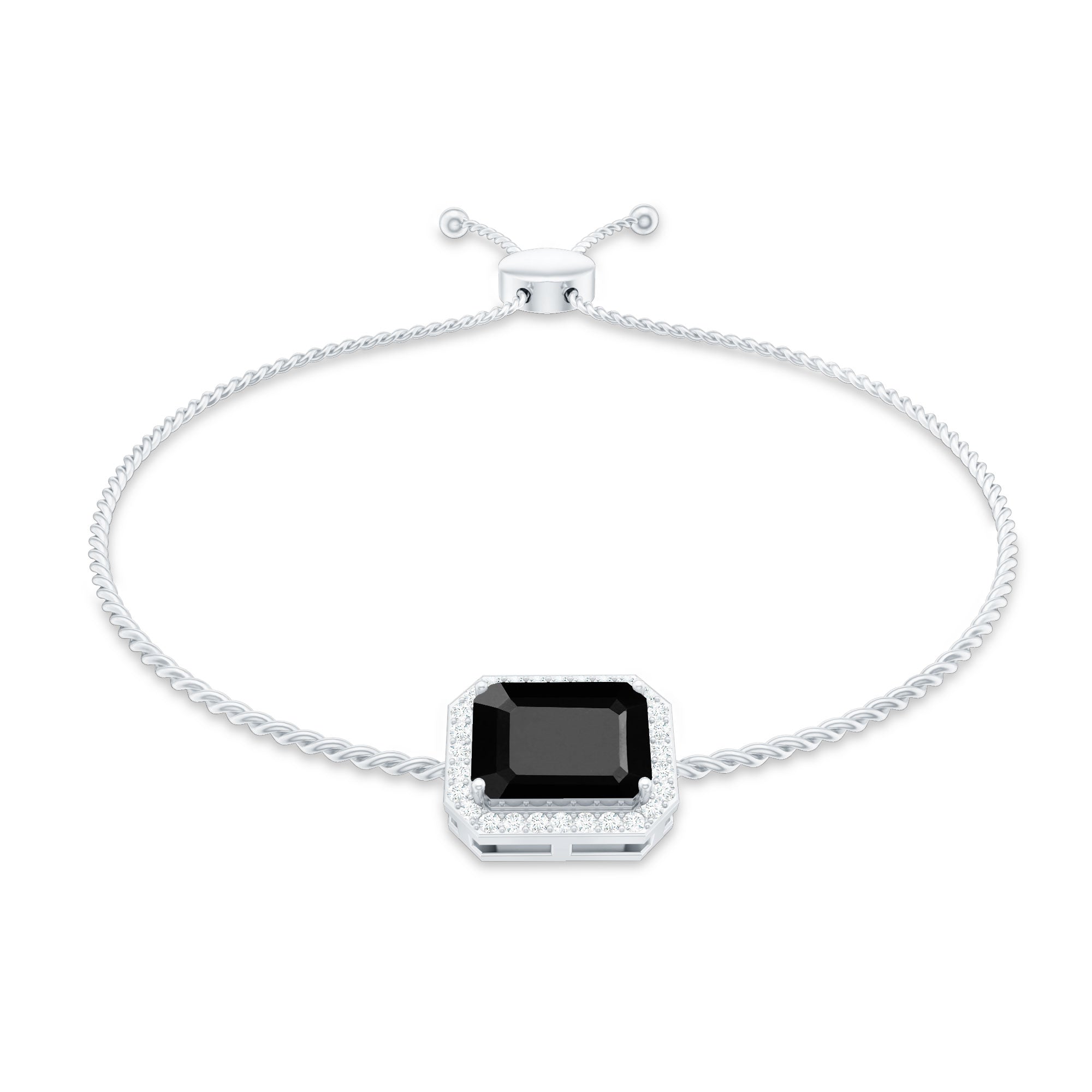 Natural 1.8 Carat Emerald Cut Black Onyx Bolo Bracelet with Diamond Halo