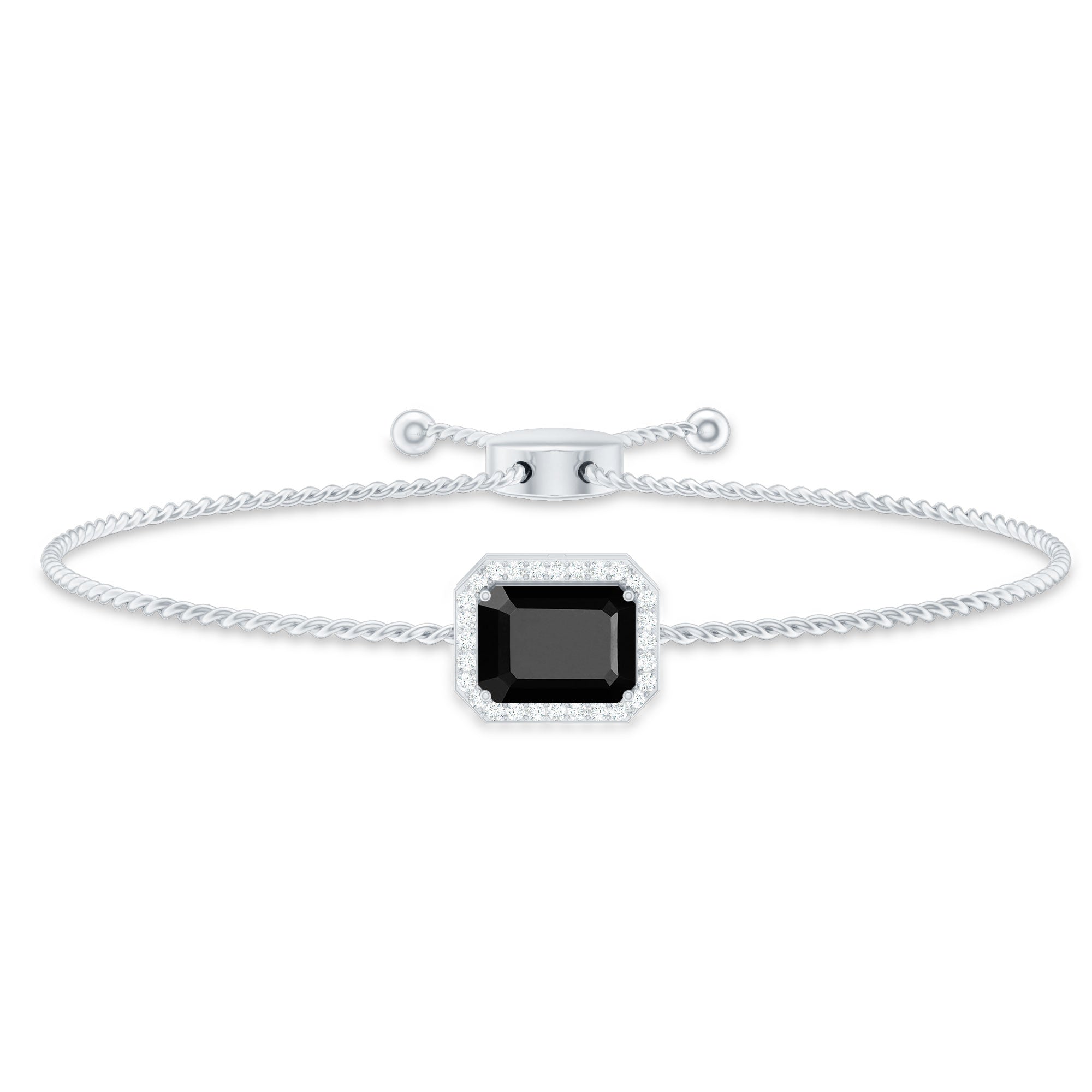 Natural 1.8 Carat Emerald Cut Black Onyx Bolo Bracelet with Diamond Halo