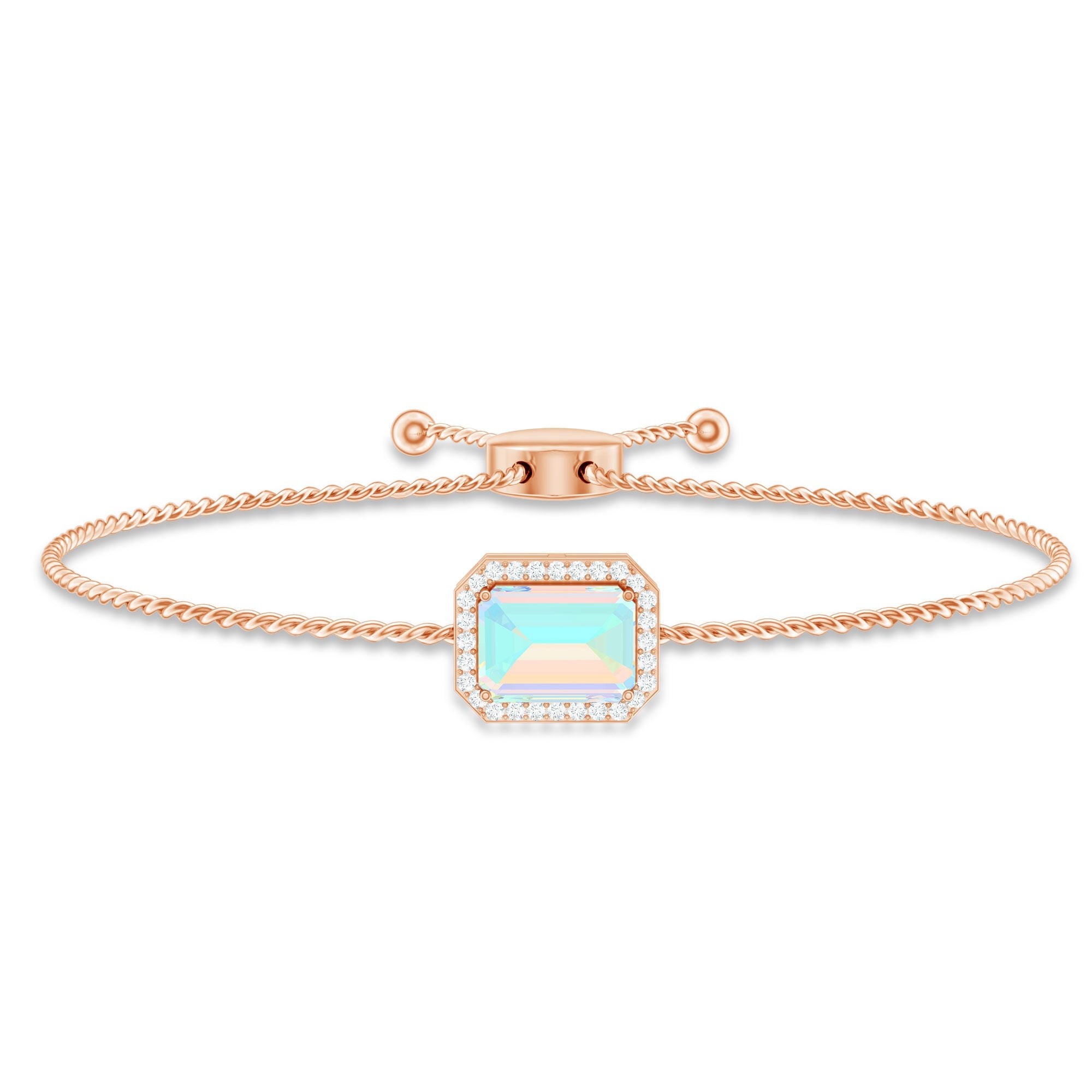 2 Carat Emerald Cut Ethiopian Opal and Diamond Bolo Chain Bracelet