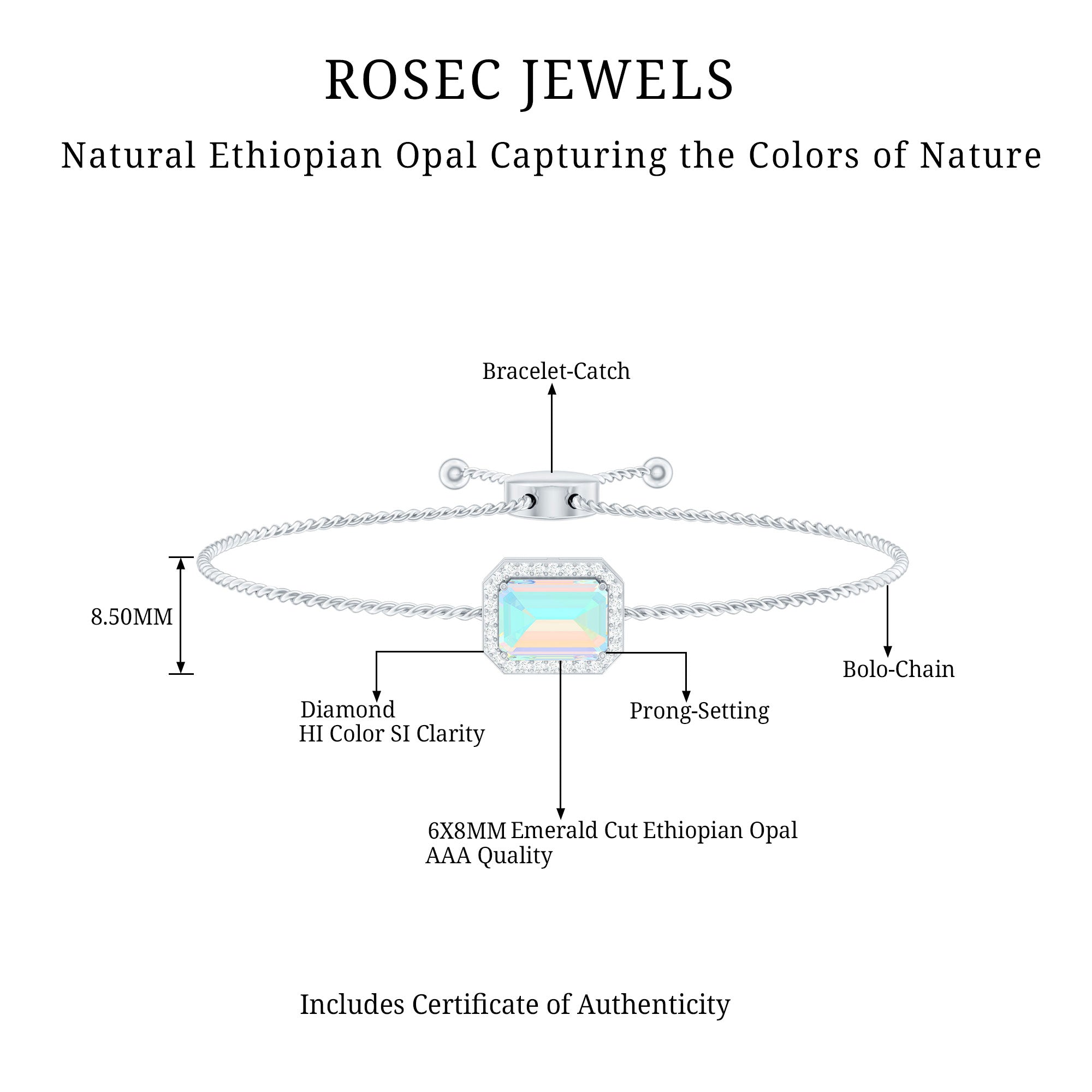 2 Carat Emerald Cut Ethiopian Opal and Diamond Bolo Chain Bracelet