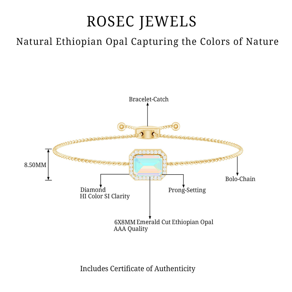 2 Carat Emerald Cut Ethiopian Opal and Diamond Bolo Chain Bracelet