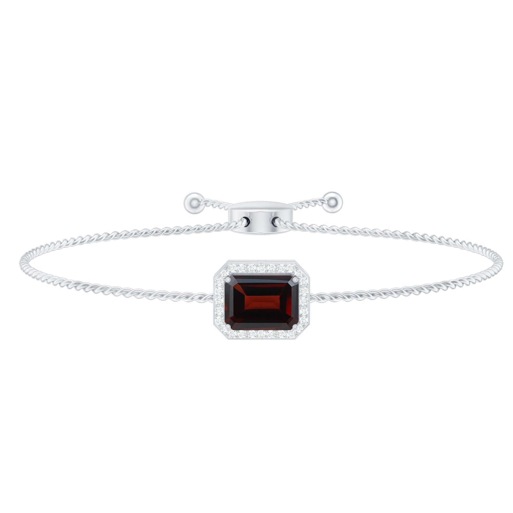 Real 2 Carat Emerald Cut Garnet Bolo Bracelet with Diamond Halo