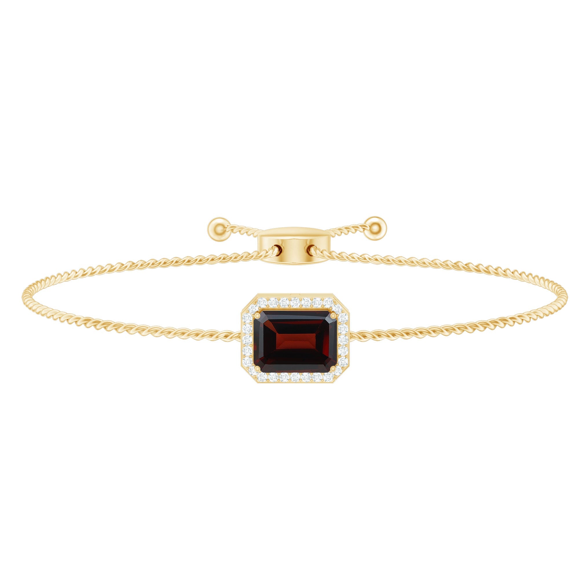 Real 2 Carat Emerald Cut Garnet Bolo Bracelet with Diamond Halo
