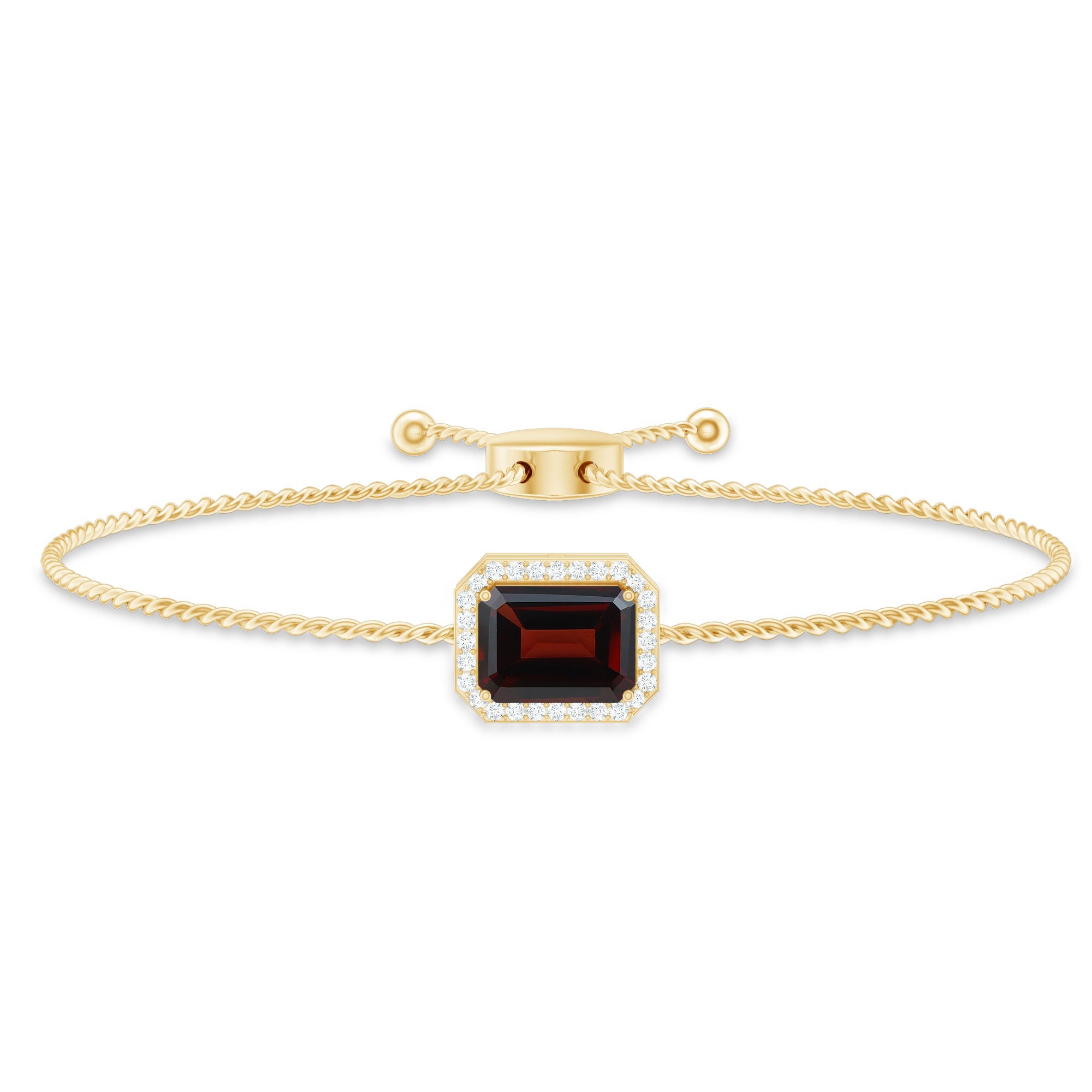 Real 2 Carat Emerald Cut Garnet Bolo Bracelet with Diamond Halo
