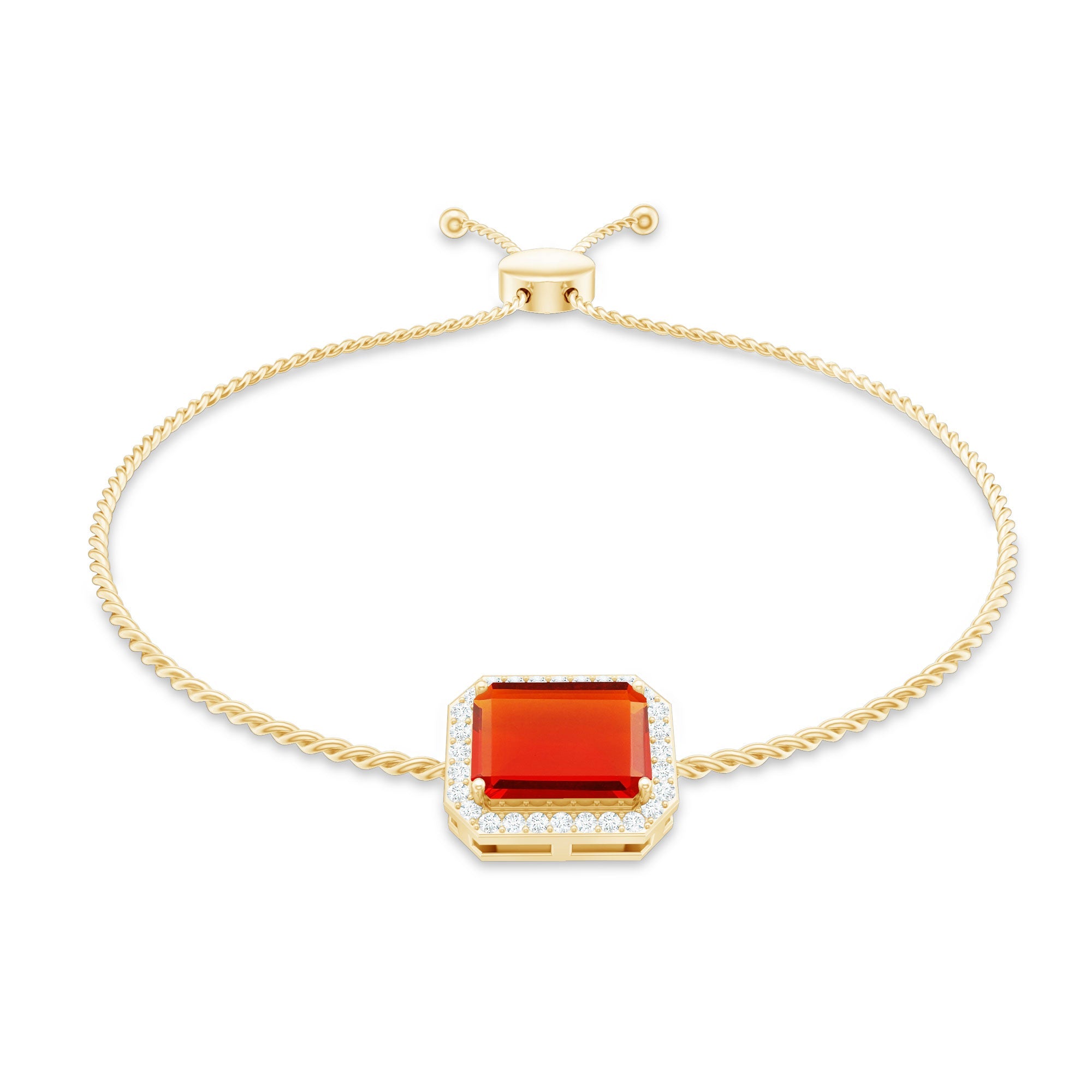 Real 1 Carat Emerald Cut Fire Opal Bolo Bracelet with Diamond Halo