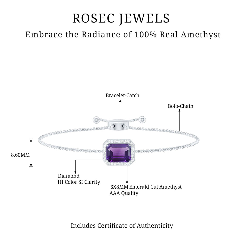 Natural 1.4 Carat Emerald Cut Amethyst Diamond Bolo Bracelet