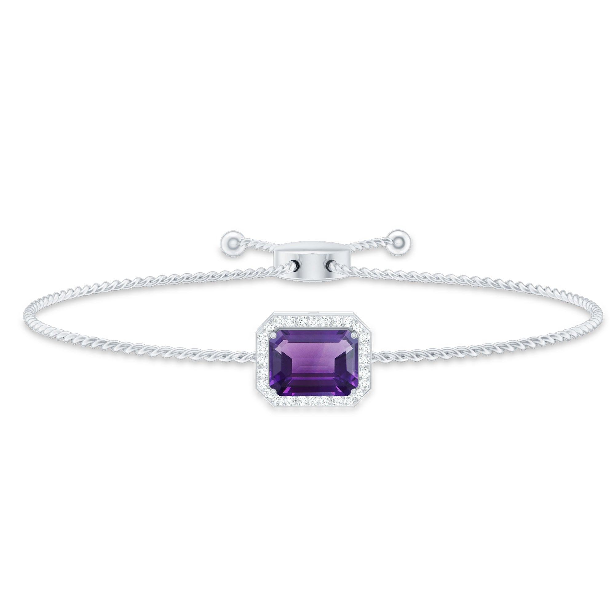 Natural 1.4 Carat Emerald Cut Amethyst Diamond Bolo Bracelet
