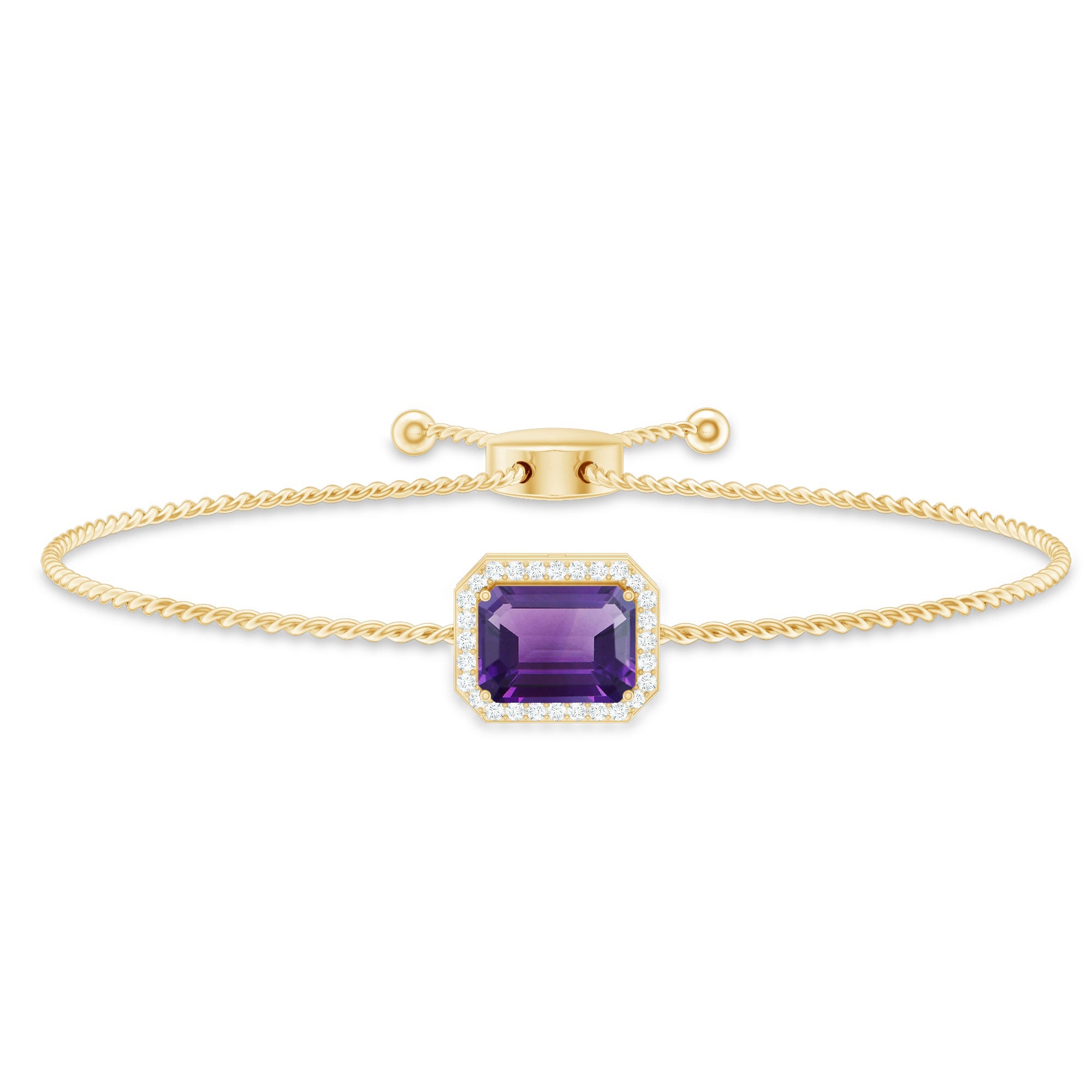 Natural 1.4 Carat Emerald Cut Amethyst Diamond Bolo Bracelet