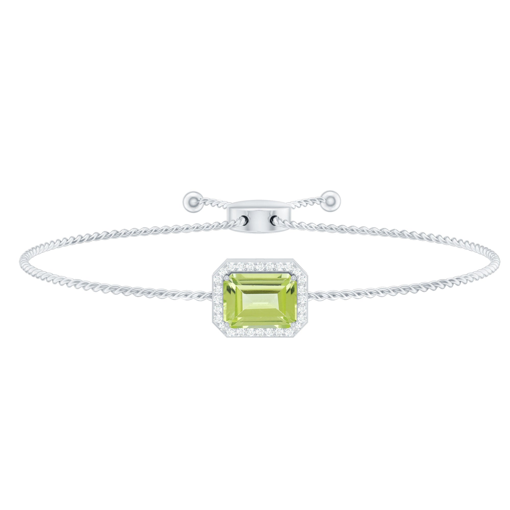 1.8 Carat Emerald Cut Peridot and Diamond Bolo Chain Bracelet
