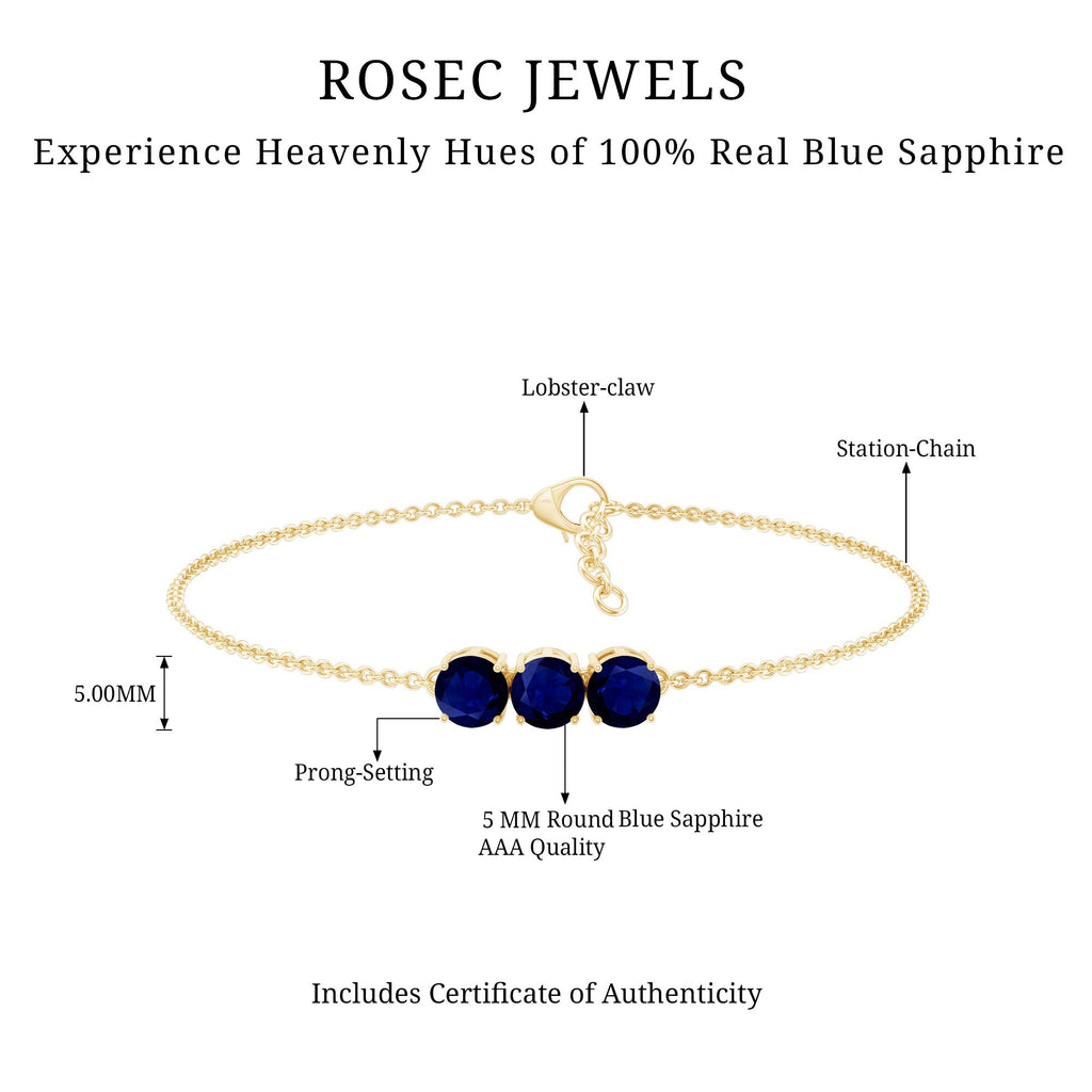 Natural 2.85 Carat Blue Sapphire Three Stone Chain Bracelet