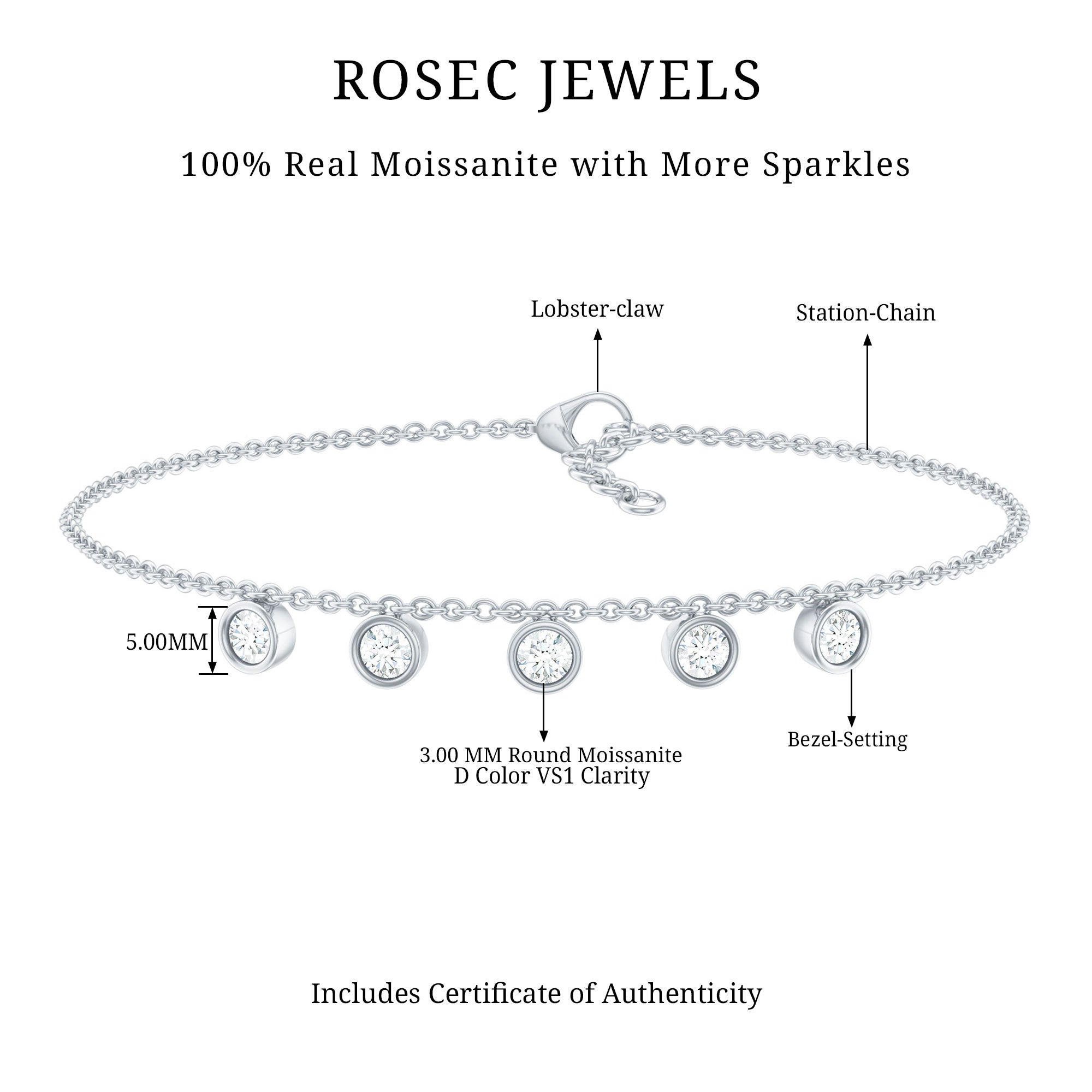 0.5 Carat Certified Moissanite Five Stone Bracelet with Certificate