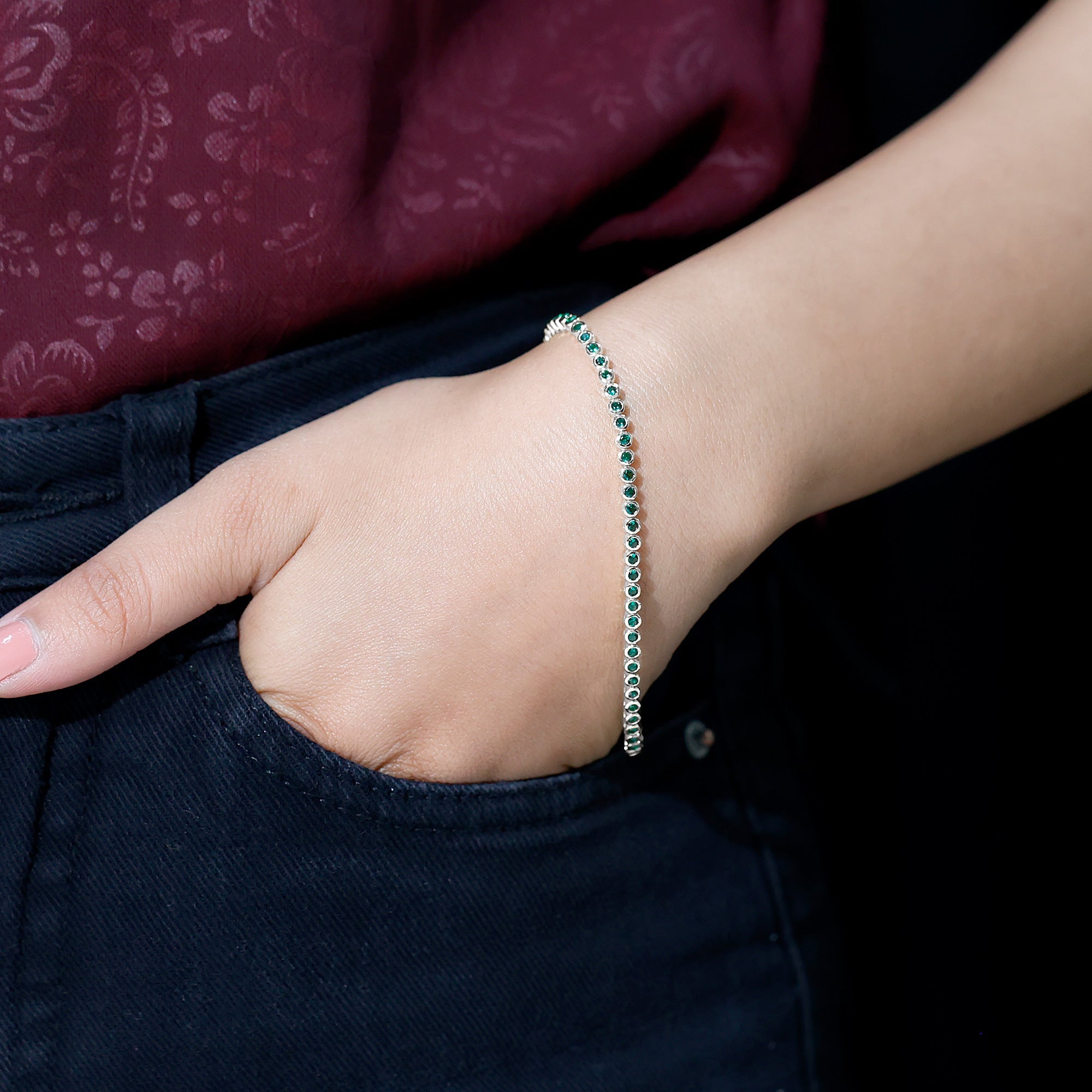 Bezel Set Lab Created Emerald Tennis Bracelet for Women