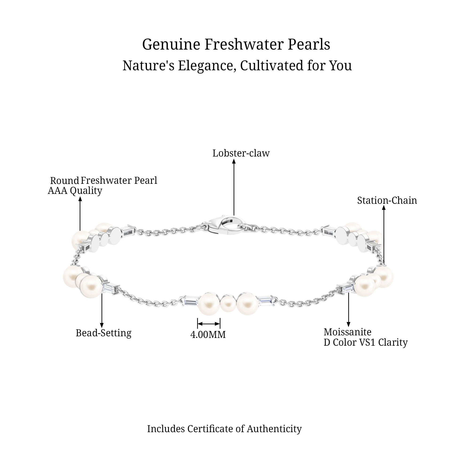 7.4 Carat Certified Freshwater Pearl Station Bracelet with Moissanite