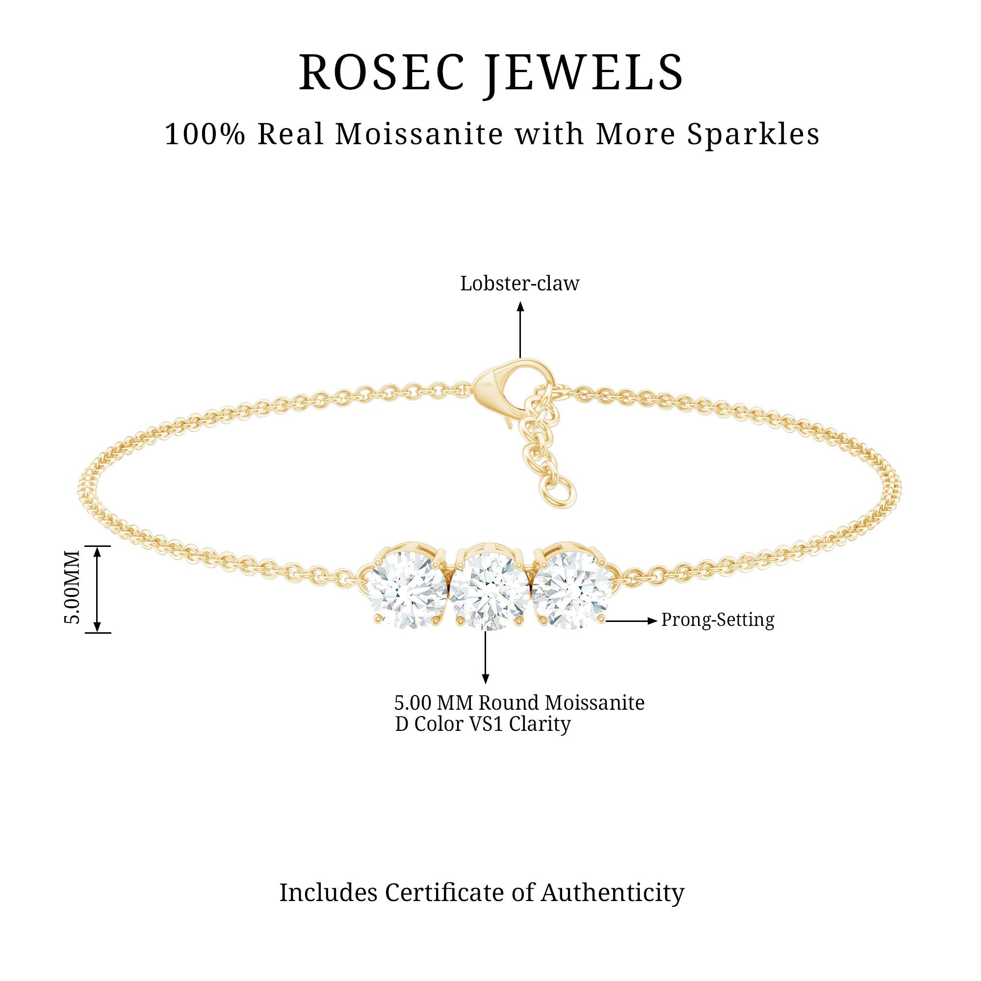 1.5 Carat Three Stone Moissanite Chain Bracelet