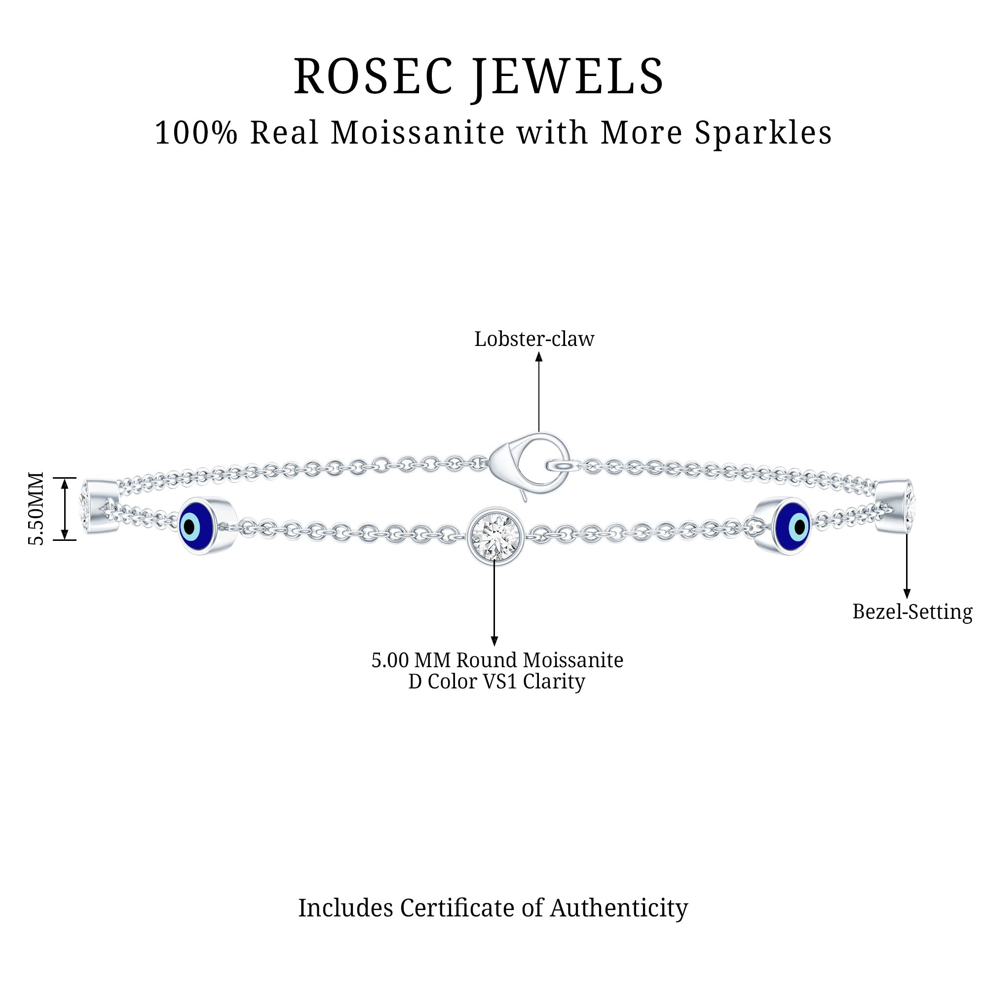 1.5 Carat Certified Moissanite and Evil Eye Station Chain Bracelet
