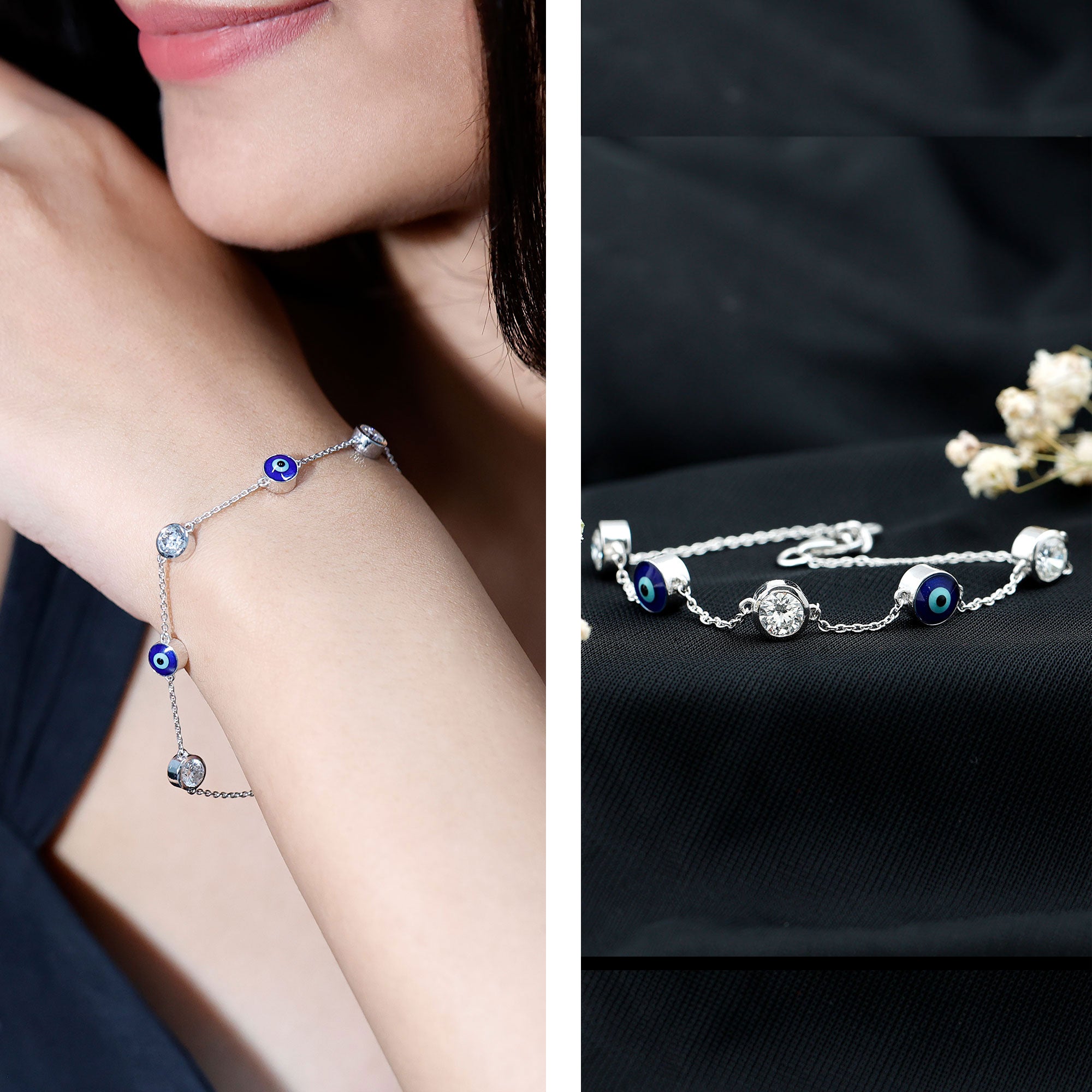 1.5 Carat Certified Moissanite and Evil Eye Station Chain Bracelet
