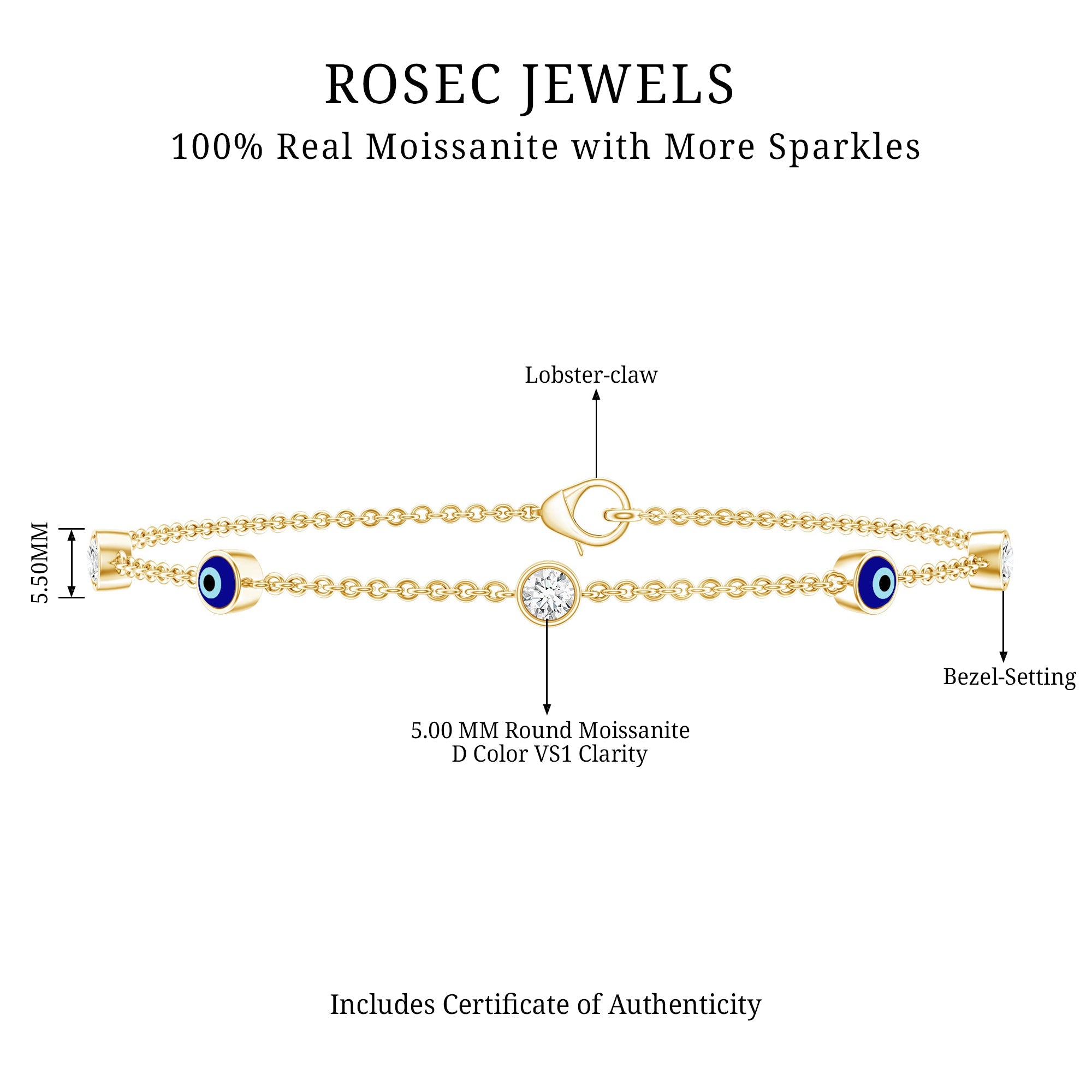 1.5 Carat Certified Moissanite and Evil Eye Station Chain Bracelet