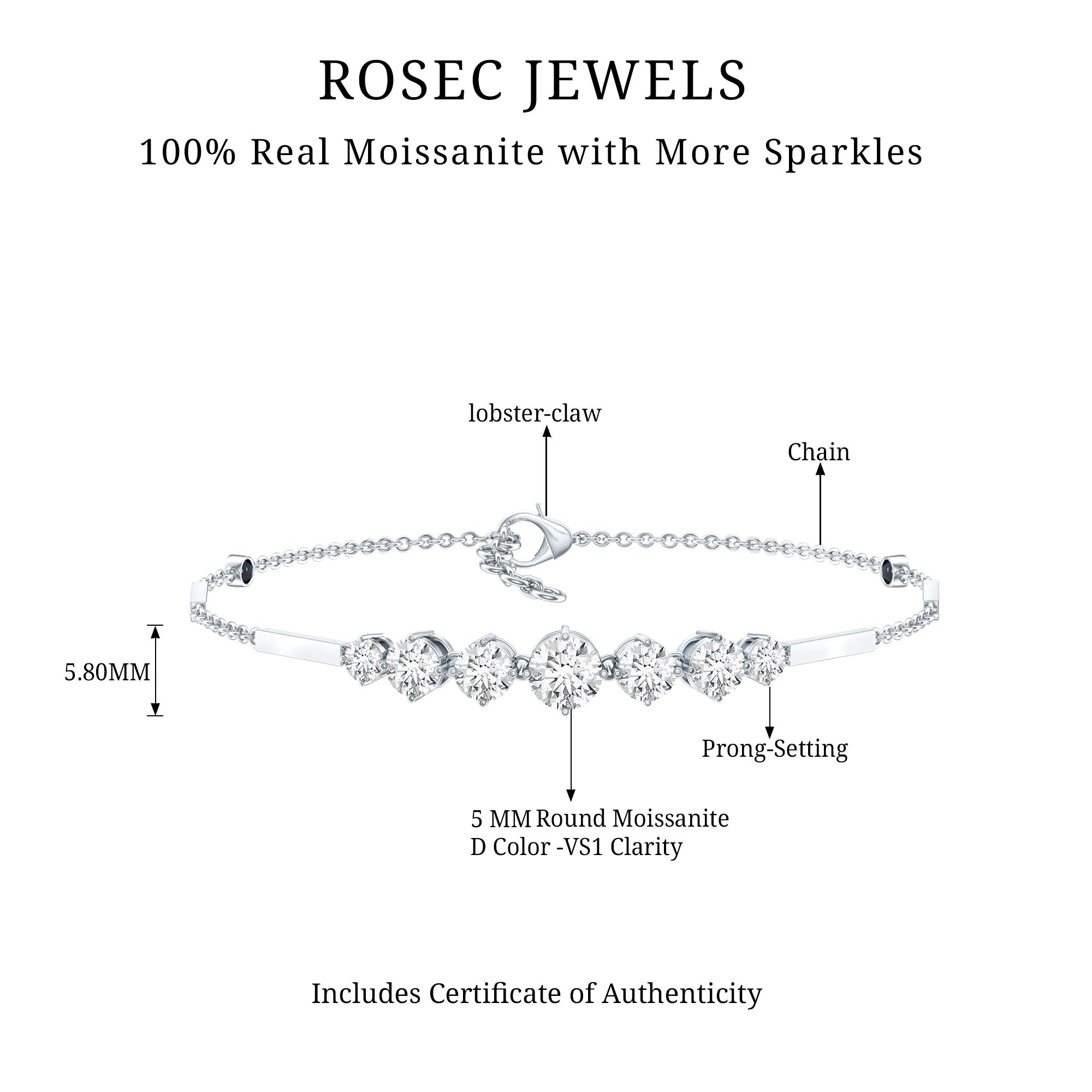 2 Carat Round Moissanite Link Chain Bracelet for Women