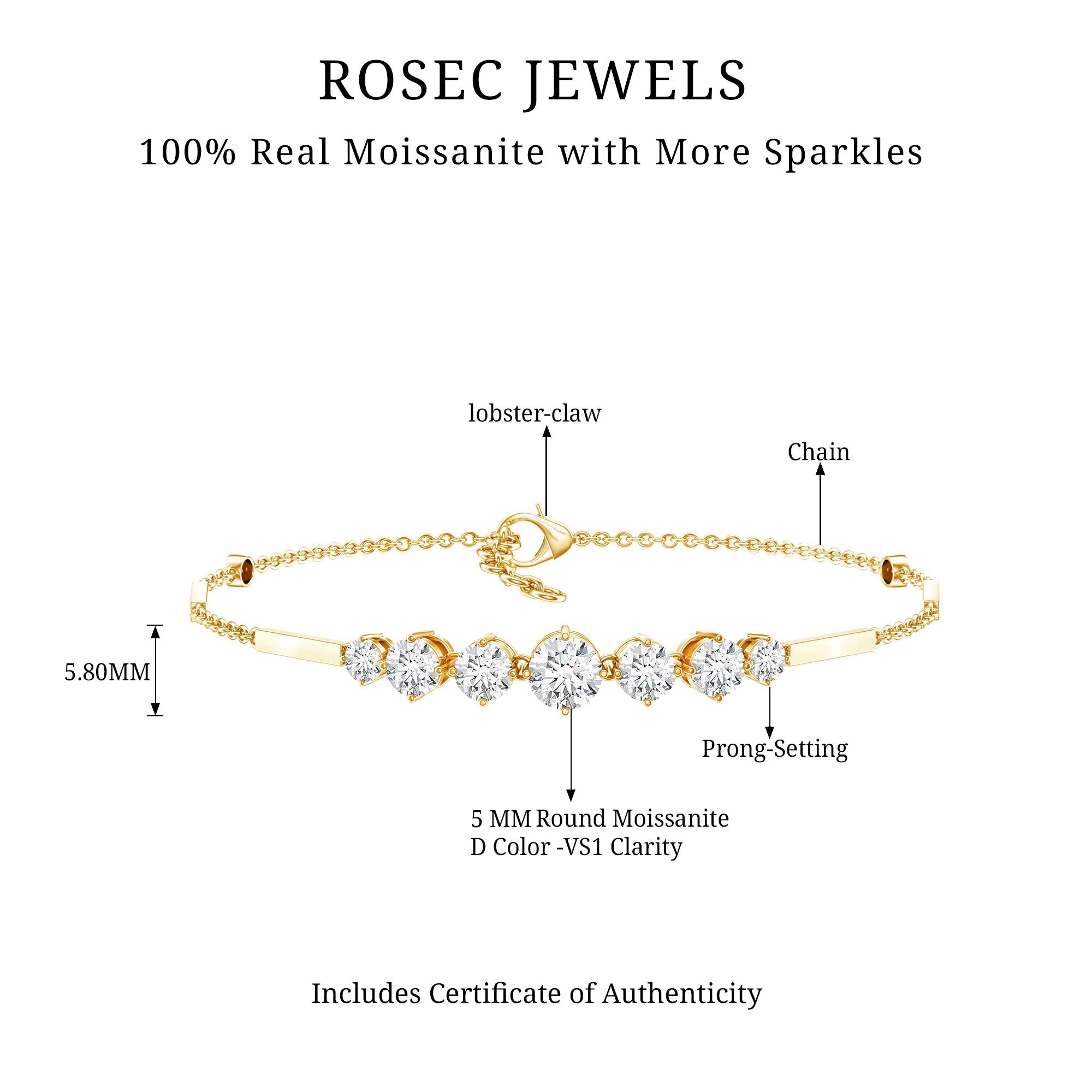 2 Carat Round Moissanite Link Chain Bracelet for Women