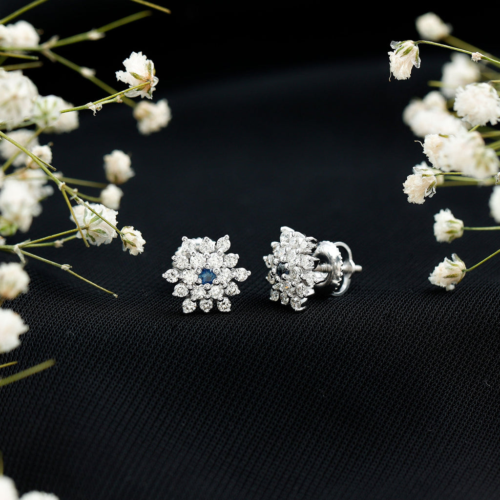 Real Blue Sapphire and Diamond Floral Cluster Stud Earrings