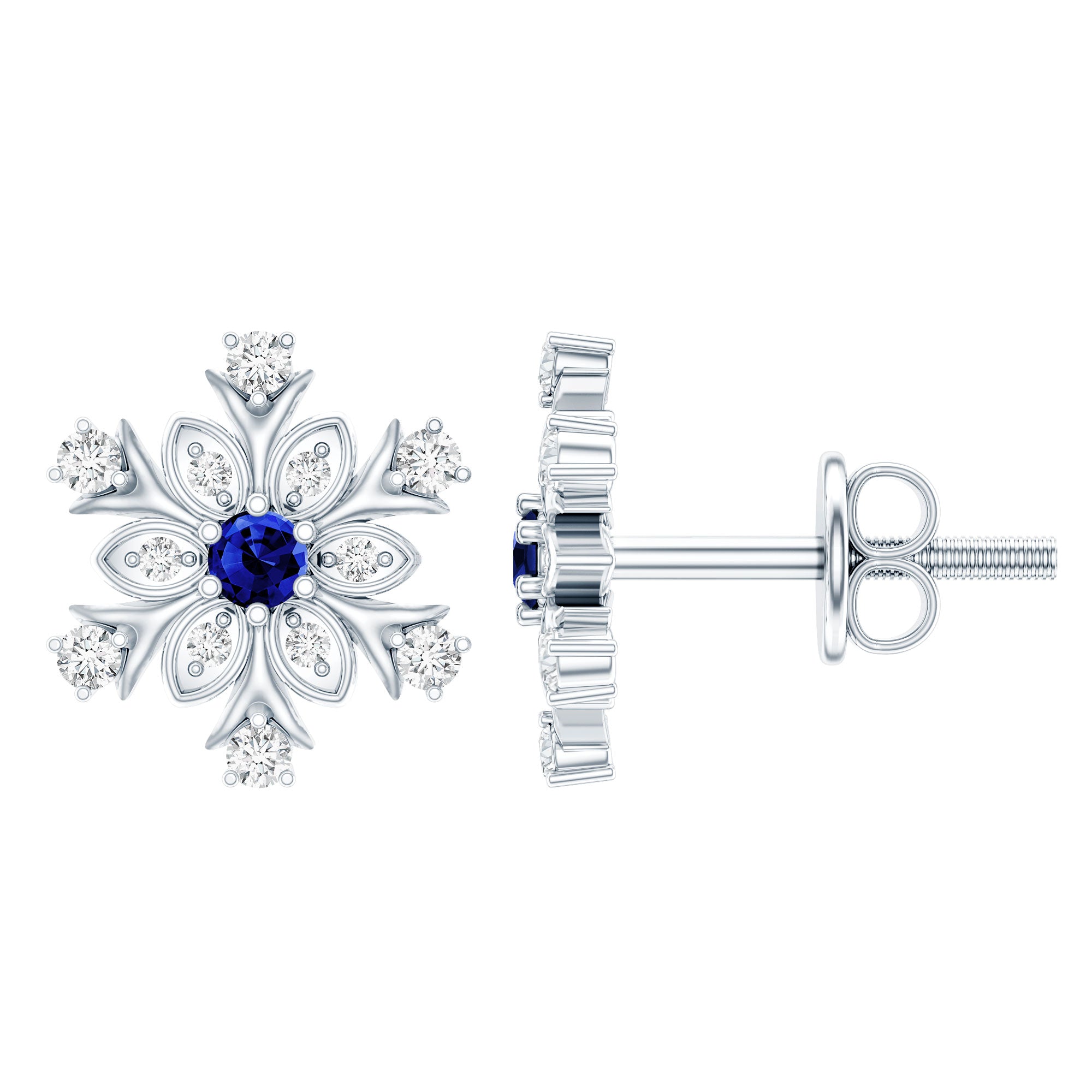 Created Blue Sapphire Snowflake Stud Earrings with Moissanite