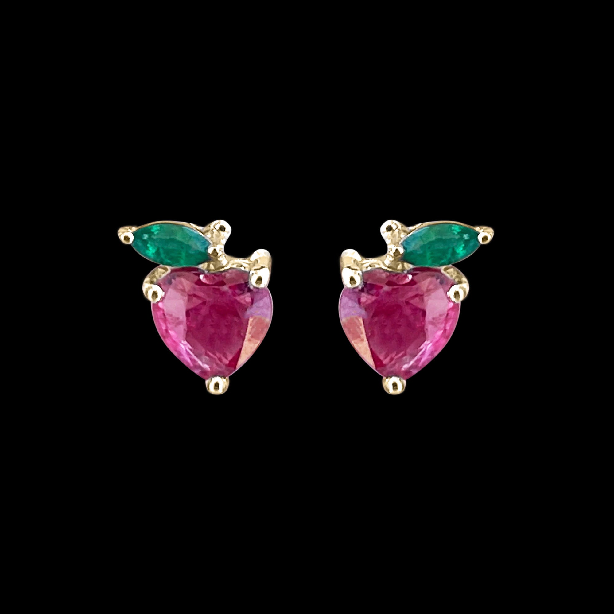 Heart Shape Ruby Strawberry Stud Earrings with Emerald